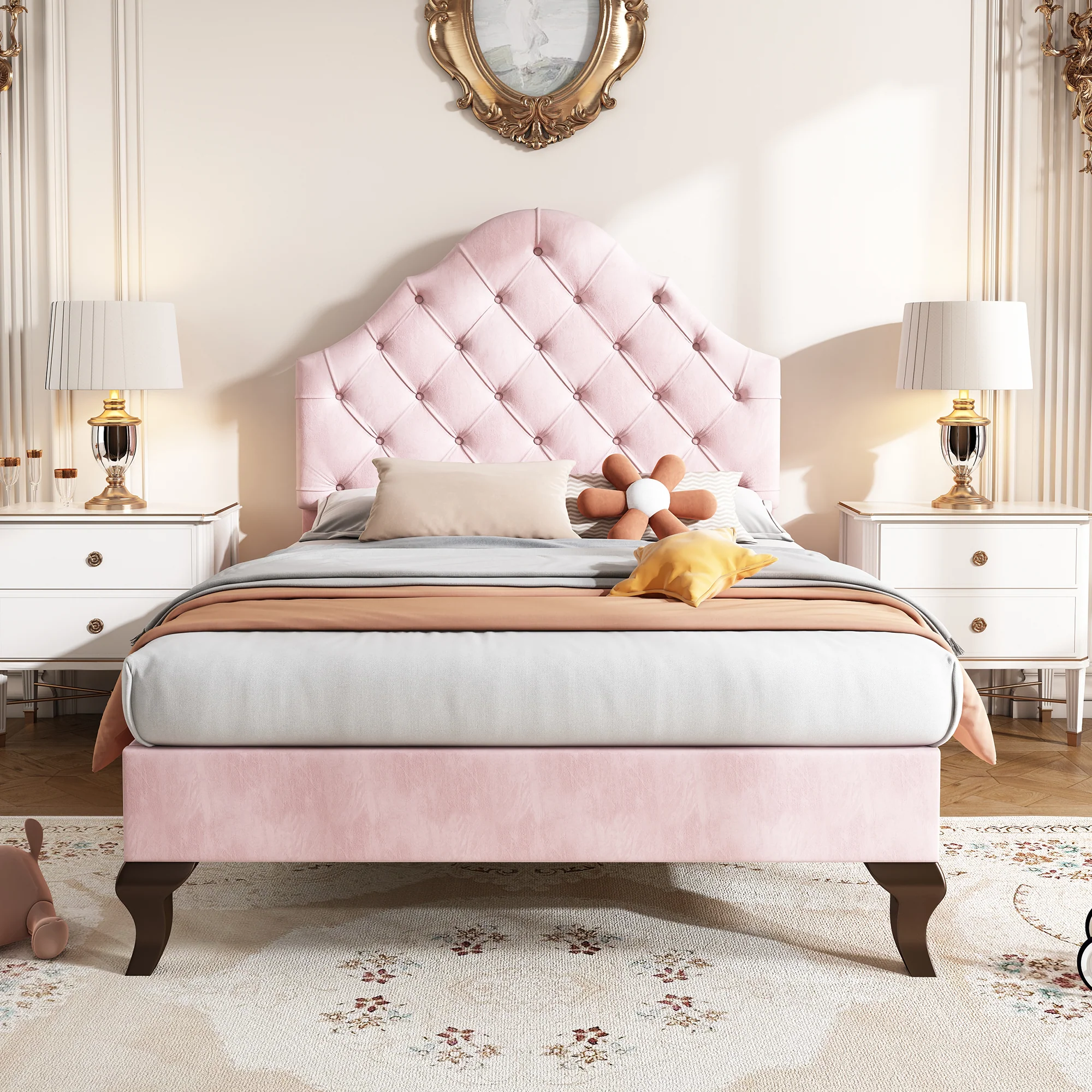 Upholstered Single Bed 90x200 Height-Adjustable Headboard Slatted Base Velvet Pink - Image 7