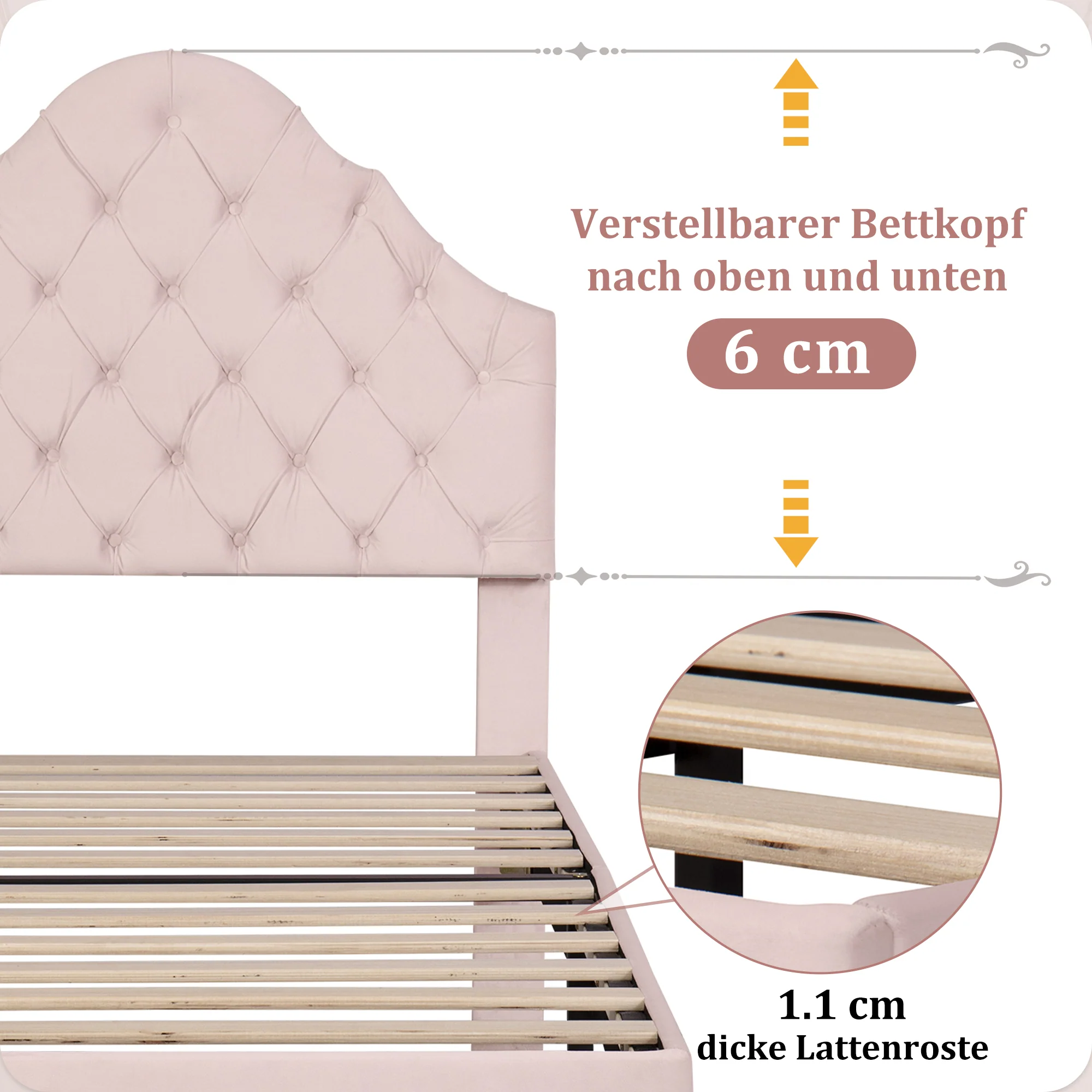 Upholstered Single Bed 90x200 Height-Adjustable Headboard Slatted Base Velvet Pink - Image 9