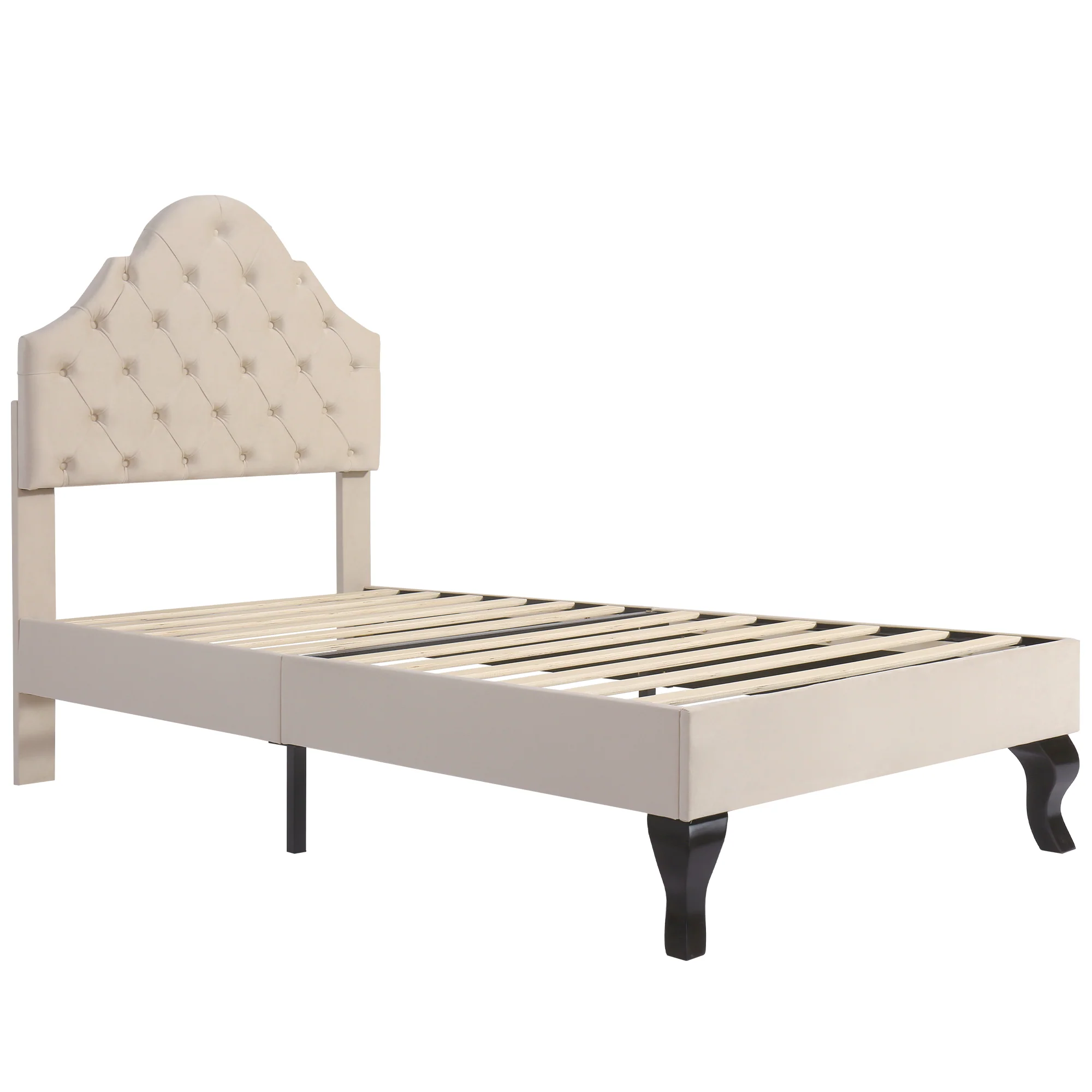 Upholstered Single Bed 90x200cm Adjustable Headboard Slatted Frame - Velvet Beige - Image 10