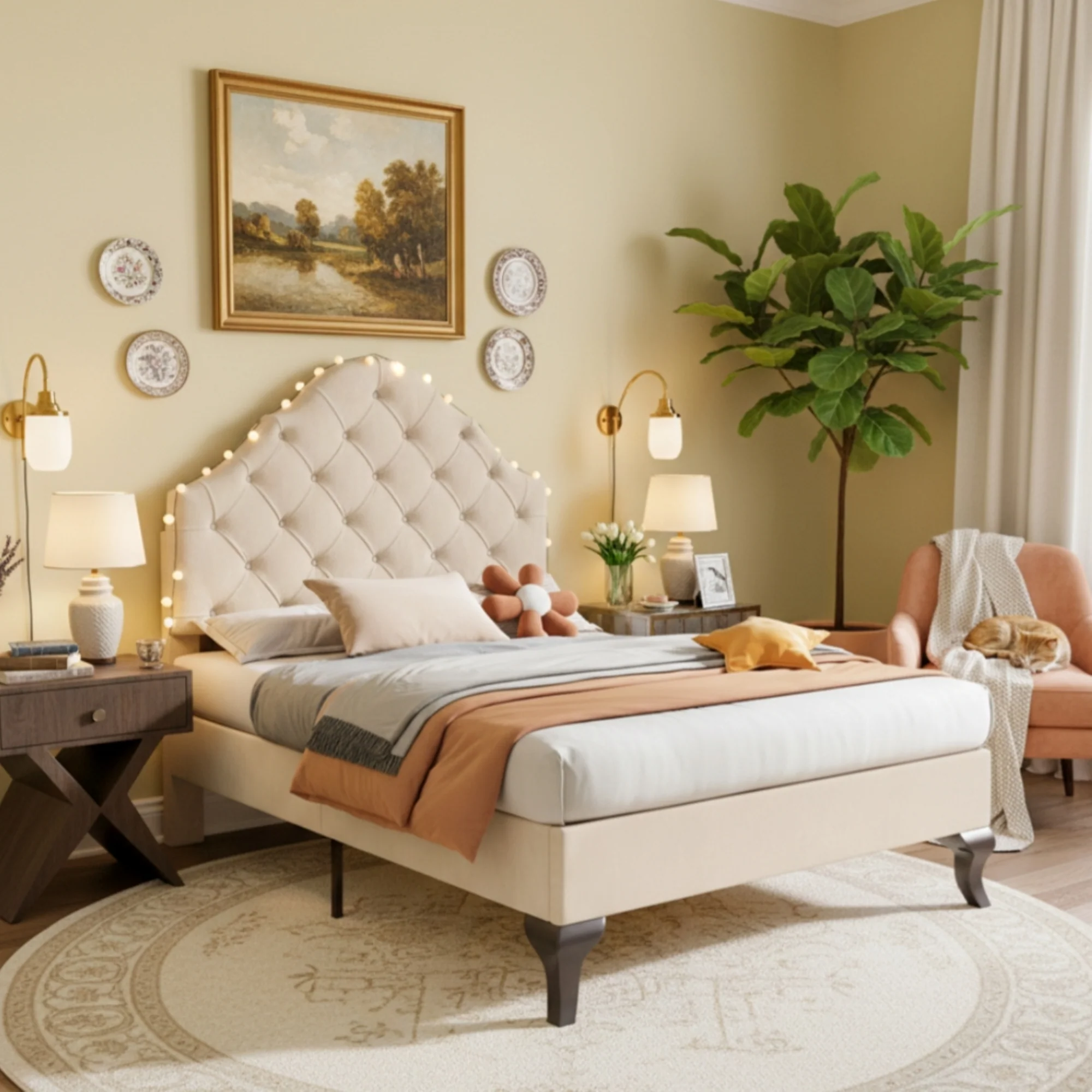 Upholstered Single Bed 90x200cm Adjustable Headboard Slatted Frame - Velvet Beige - Image 2