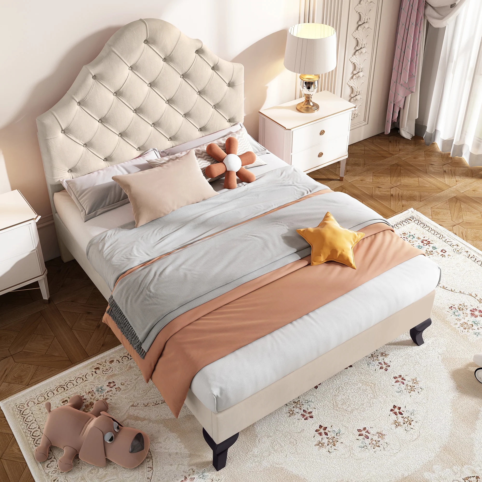 Upholstered Single Bed 90x200cm Adjustable Headboard Slatted Frame - Velvet Beige - Image 4