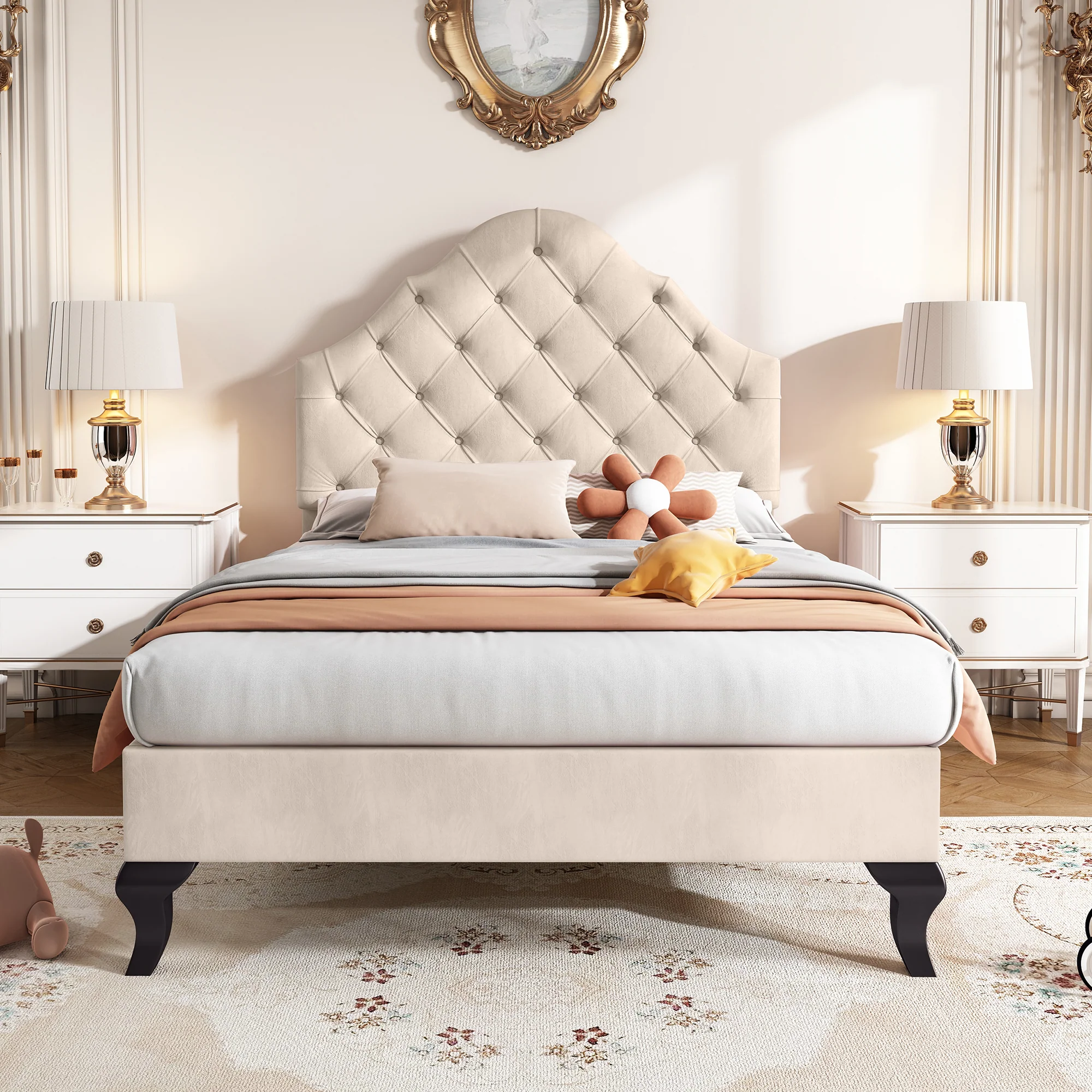 Upholstered Single Bed 90x200cm Adjustable Headboard Slatted Frame - Velvet Beige - Image 5