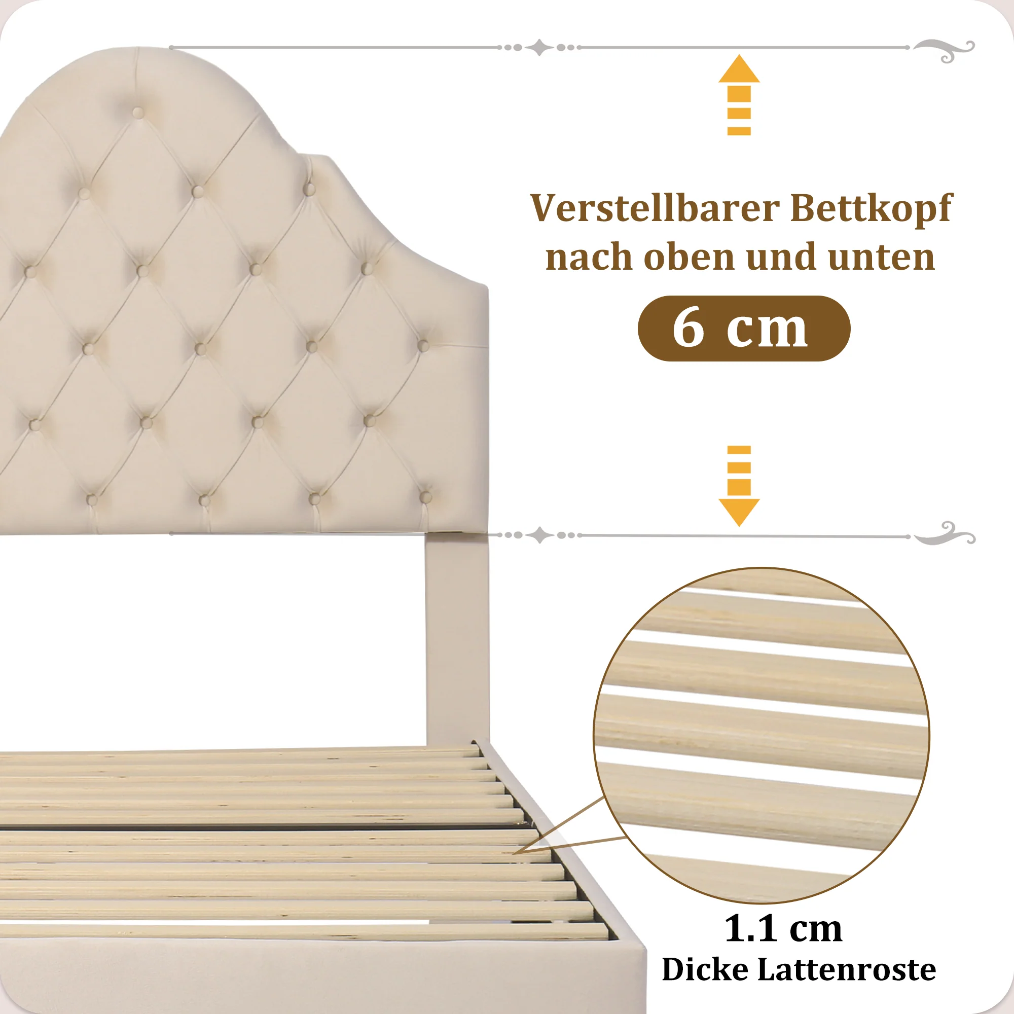 Upholstered Single Bed 90x200cm Adjustable Headboard Slatted Frame - Velvet Beige - Image 7