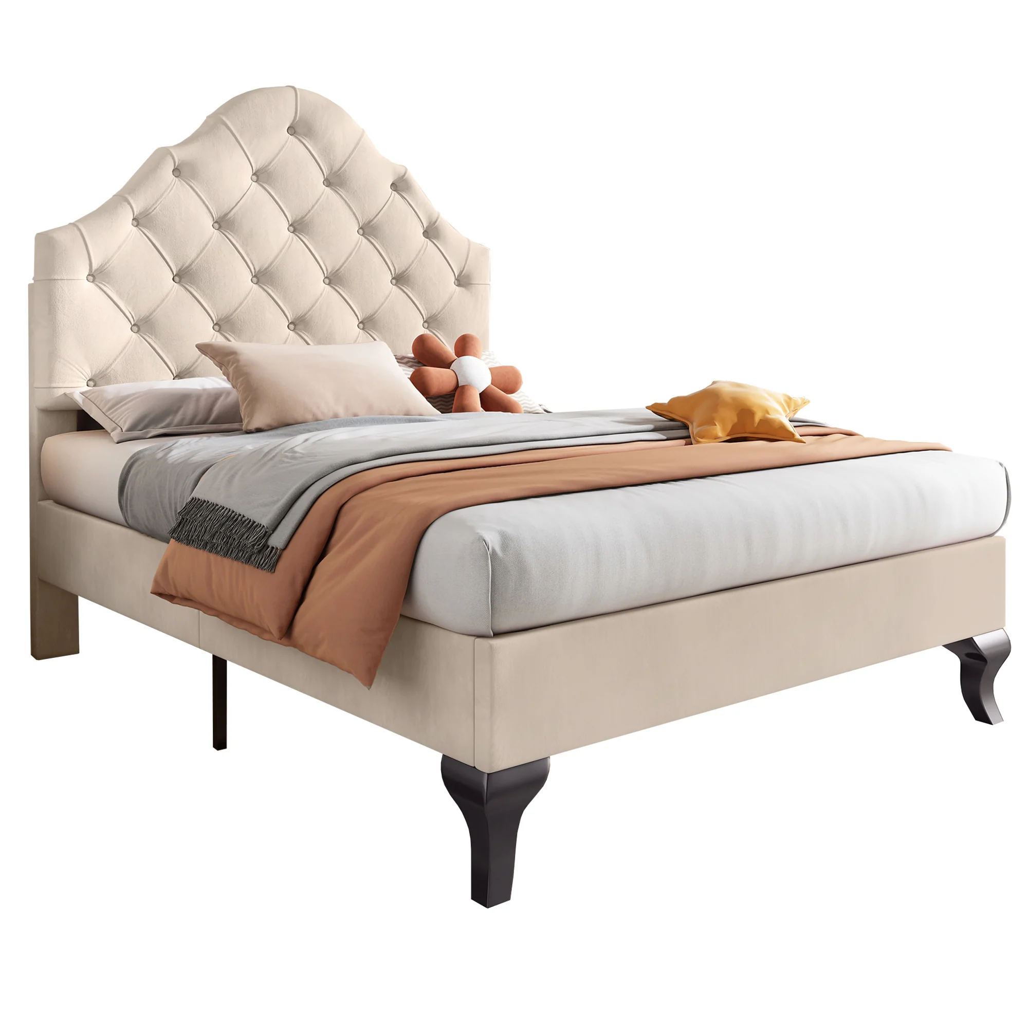 Upholstered Single Bed 90x200cm Adjustable Headboard Slatted Frame - Velvet Beige - Image 8