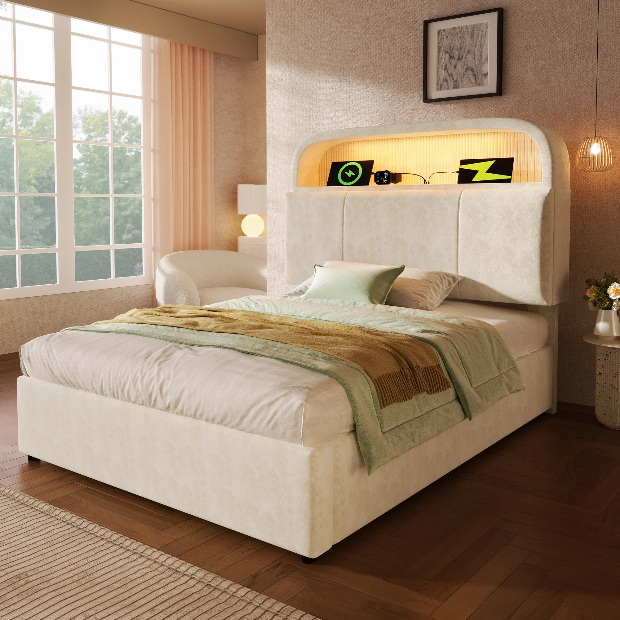 Upholstered Single Bed 90x200cm Hydraulic Storage LED USB/Type-C Adjustable Headboard - Velvet Beige (With Mattress) - Image 10