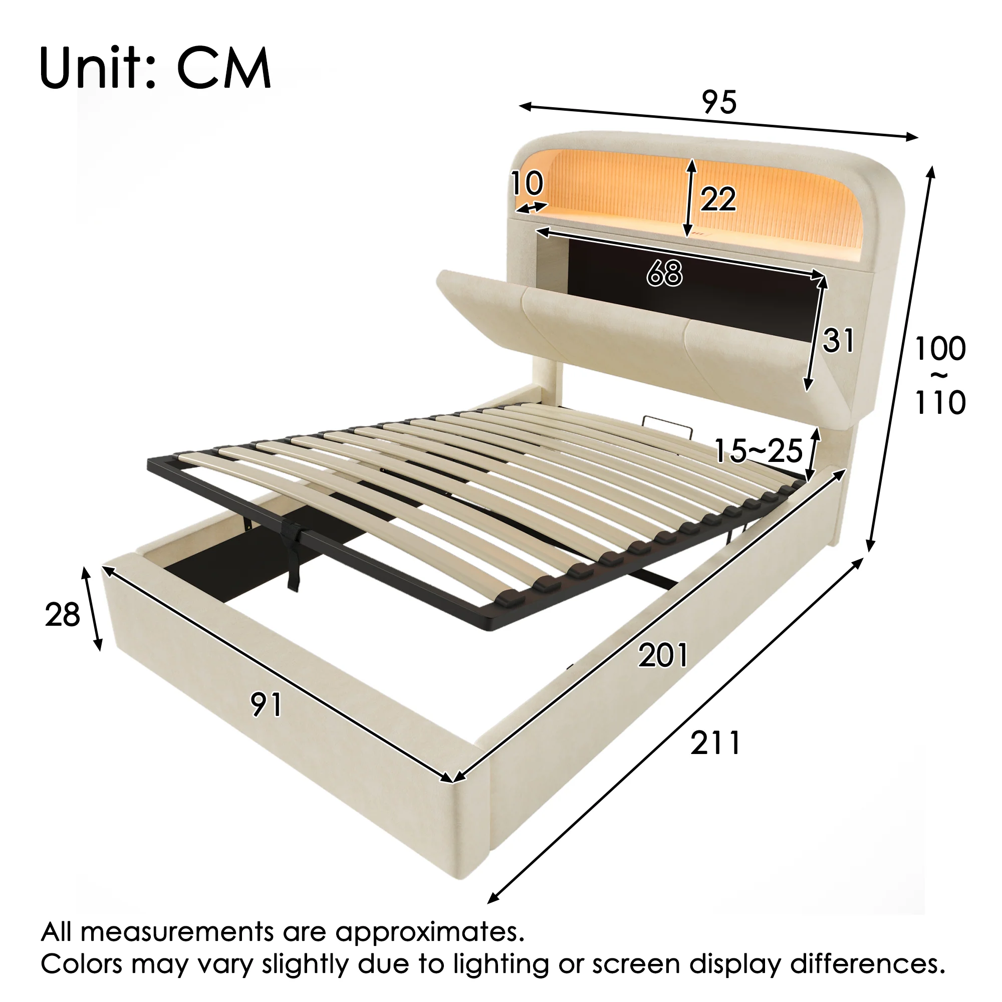 Upholstered Single Bed 90x200cm Hydraulic Storage LED USB/Type-C Adjustable Headboard - Velvet Beige (With Mattress) - Image 2