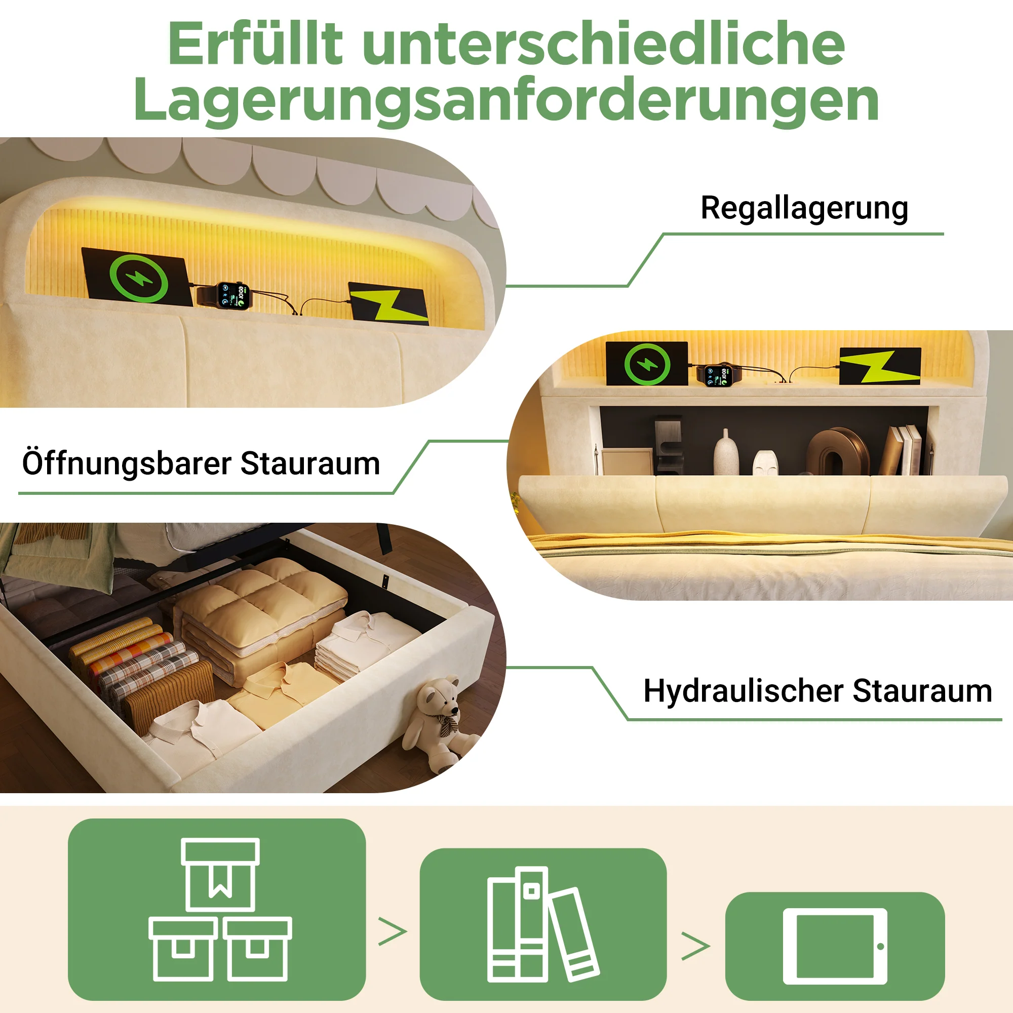Upholstered Single Bed 90x200cm Hydraulic Storage LED USB/Type-C Adjustable Headboard - Velvet Beige (With Mattress) - Image 5