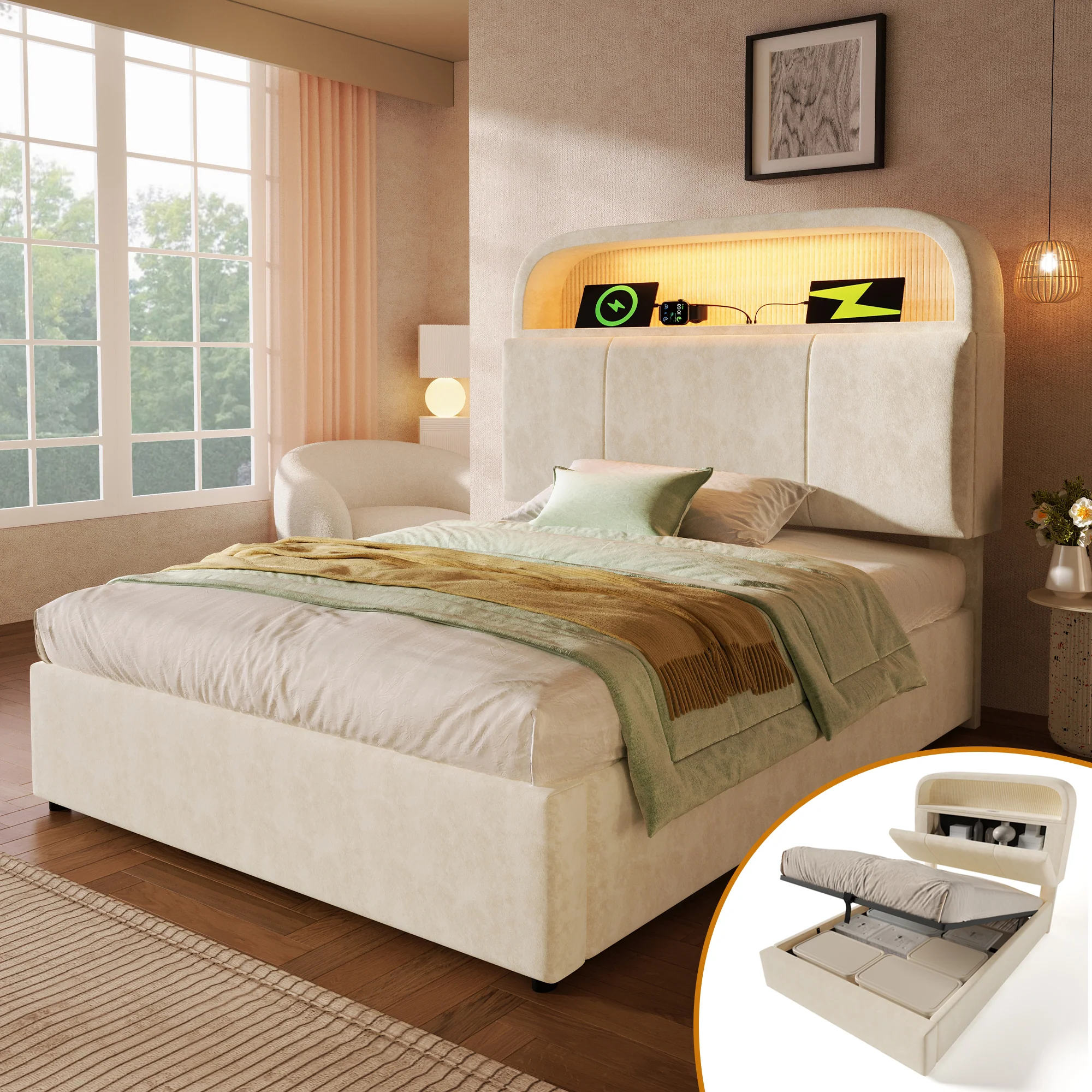 Upholstered Single Bed 90x200cm Hydraulic Storage LED USB/Type-C Adjustable Headboard - Velvet Beige (With Mattress) - Image 8