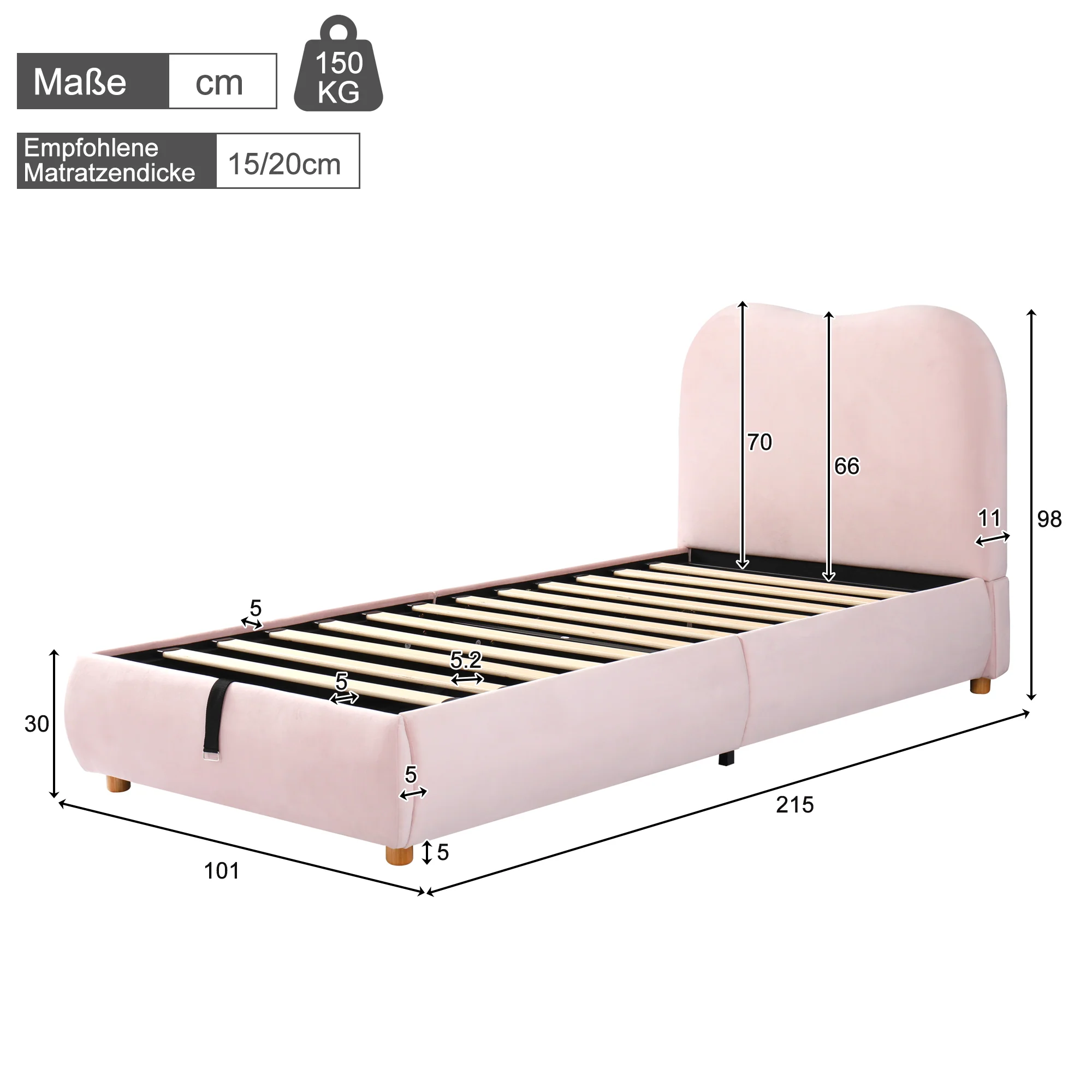 Upholstered Single Bed 90x200cm Hydraulic Storage Slatted Base - Velvet Pink - Image 10