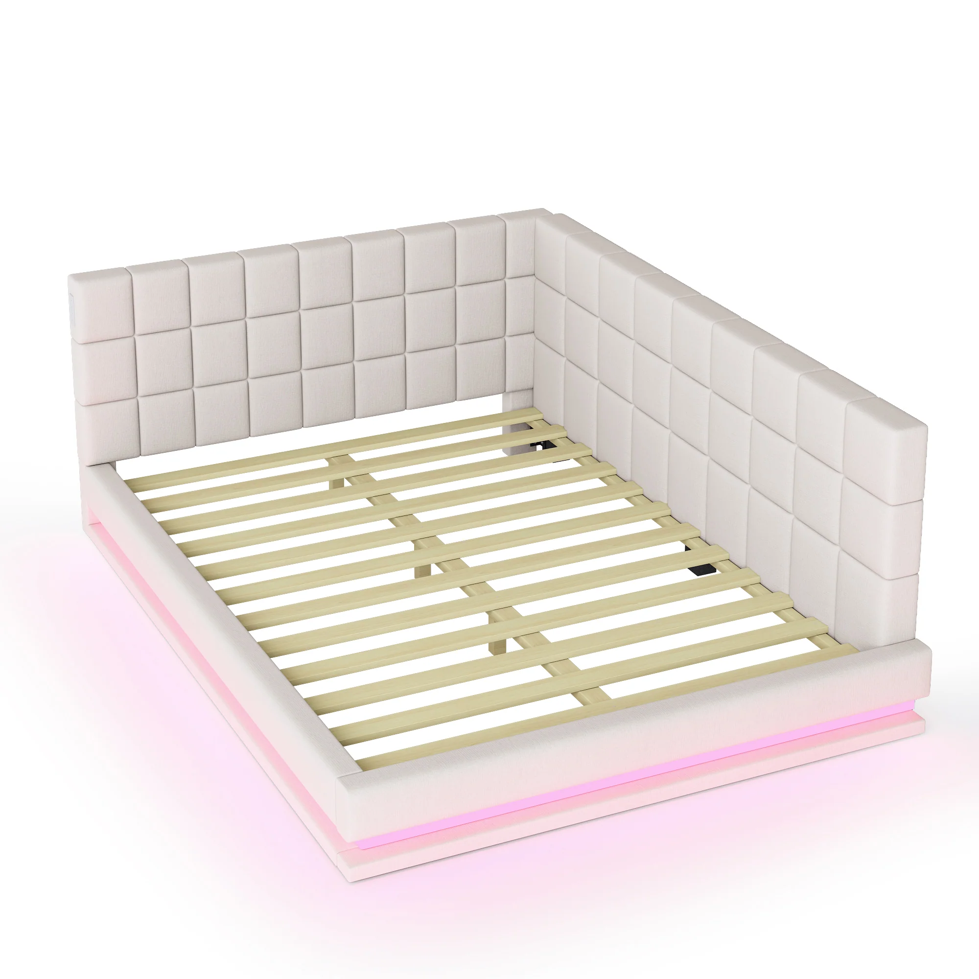 Upholstered Sofa Bed 160x200cm Multifunctional LED USB Slatted Frame - Velvet Beige