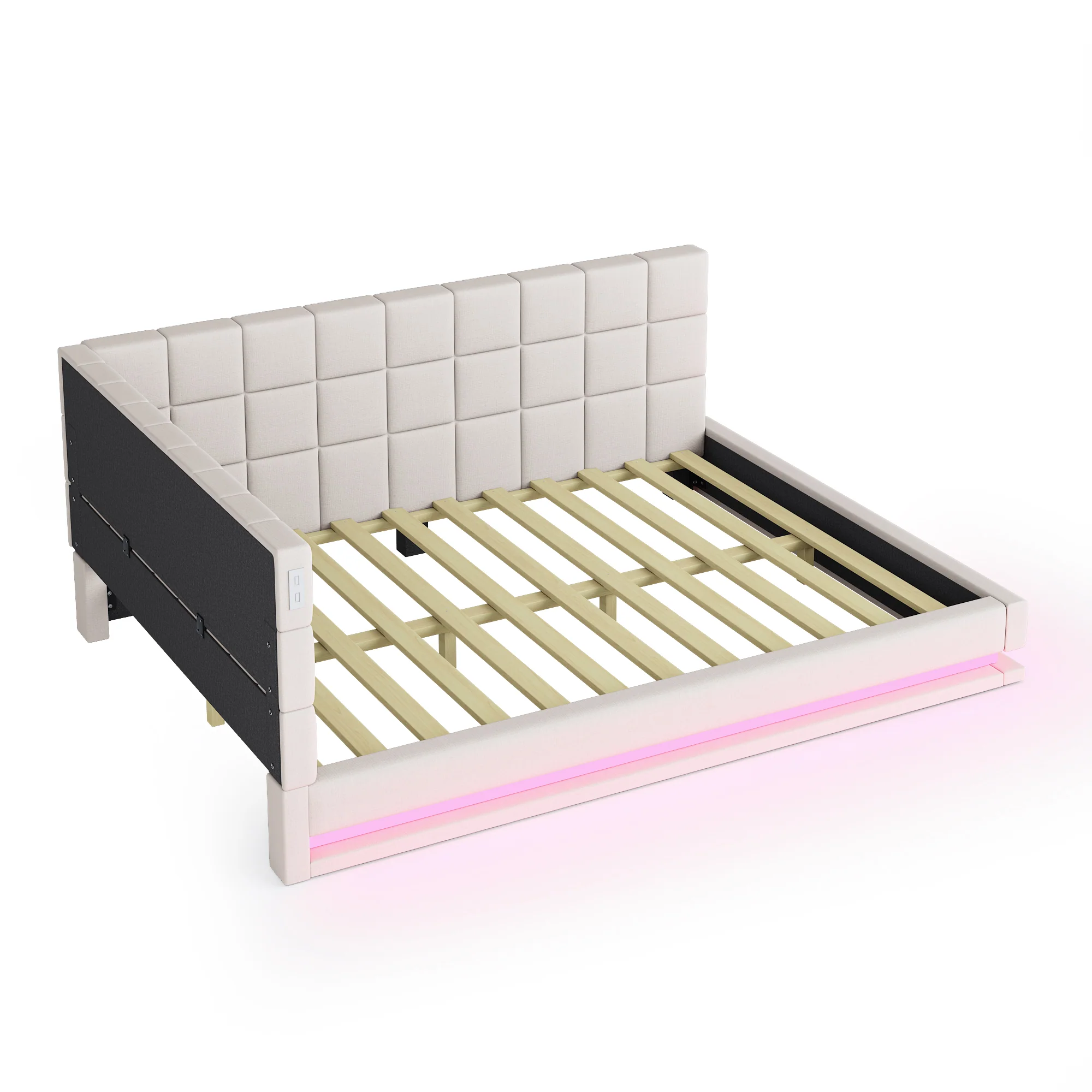 Upholstered Sofa Bed 160x200cm Multifunctional LED USB Slatted Frame - Velvet Beige - Image 10