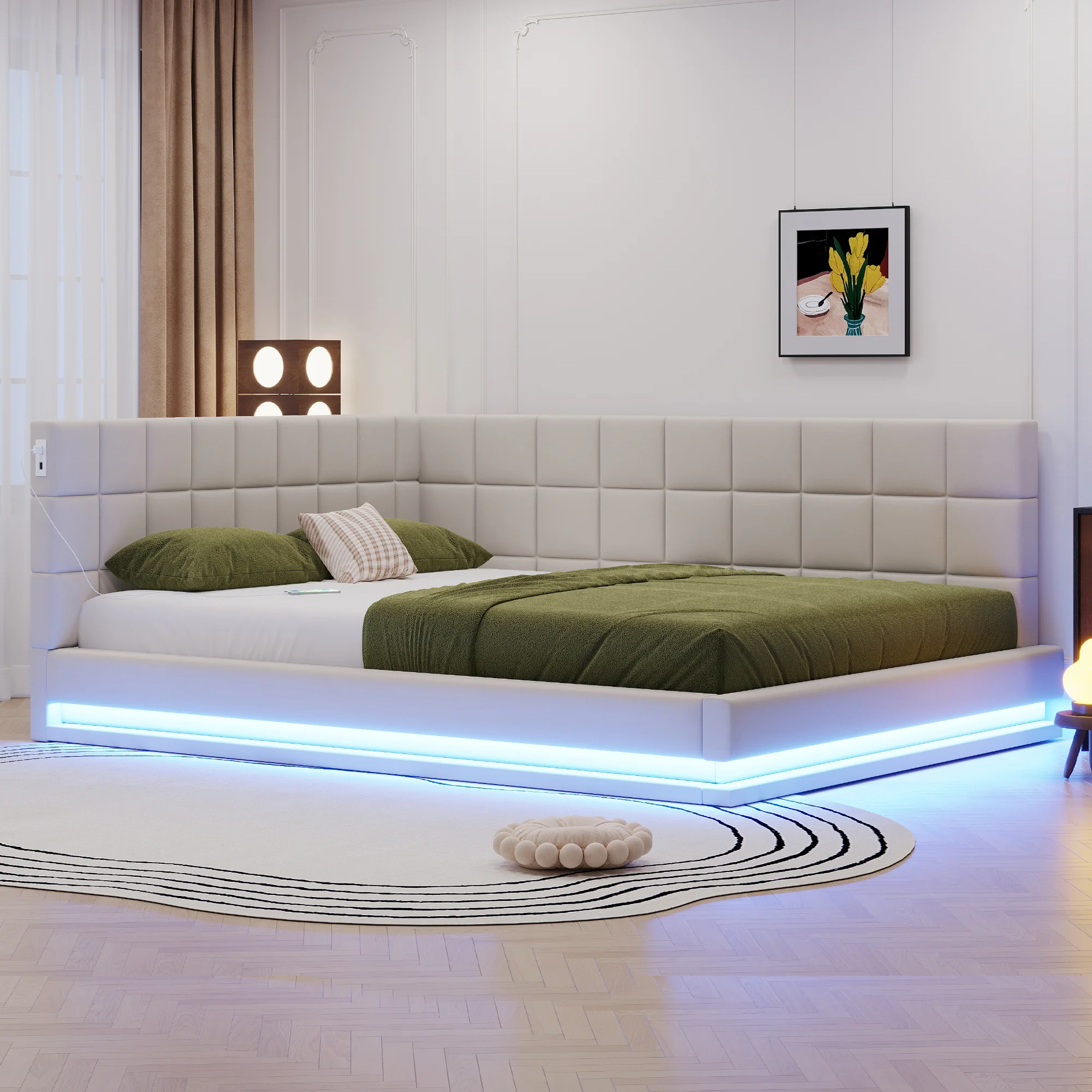 Upholstered Sofa Bed 160x200cm Multifunctional LED USB Slatted Frame - Velvet Beige - Image 2