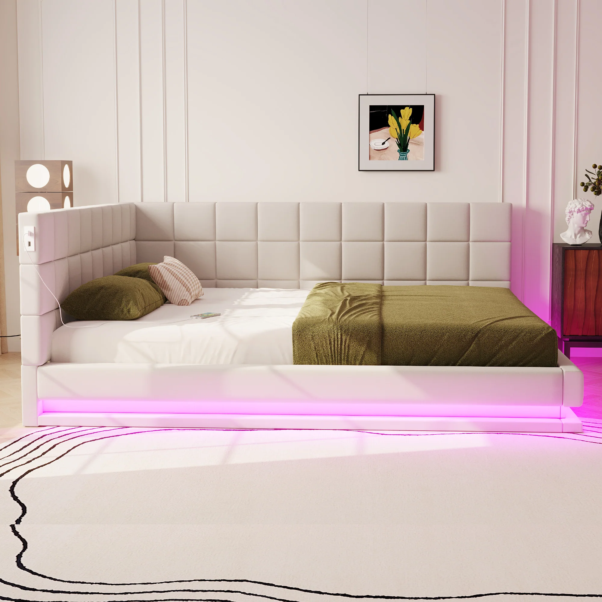 Upholstered Sofa Bed 160x200cm Multifunctional LED USB Slatted Frame - Velvet Beige - Image 3