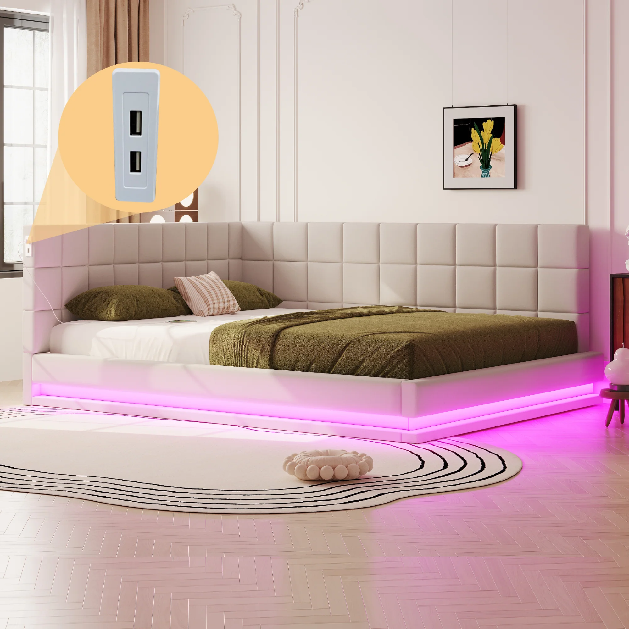 Upholstered Sofa Bed 160x200cm Multifunctional LED USB Slatted Frame - Velvet Beige - Image 4