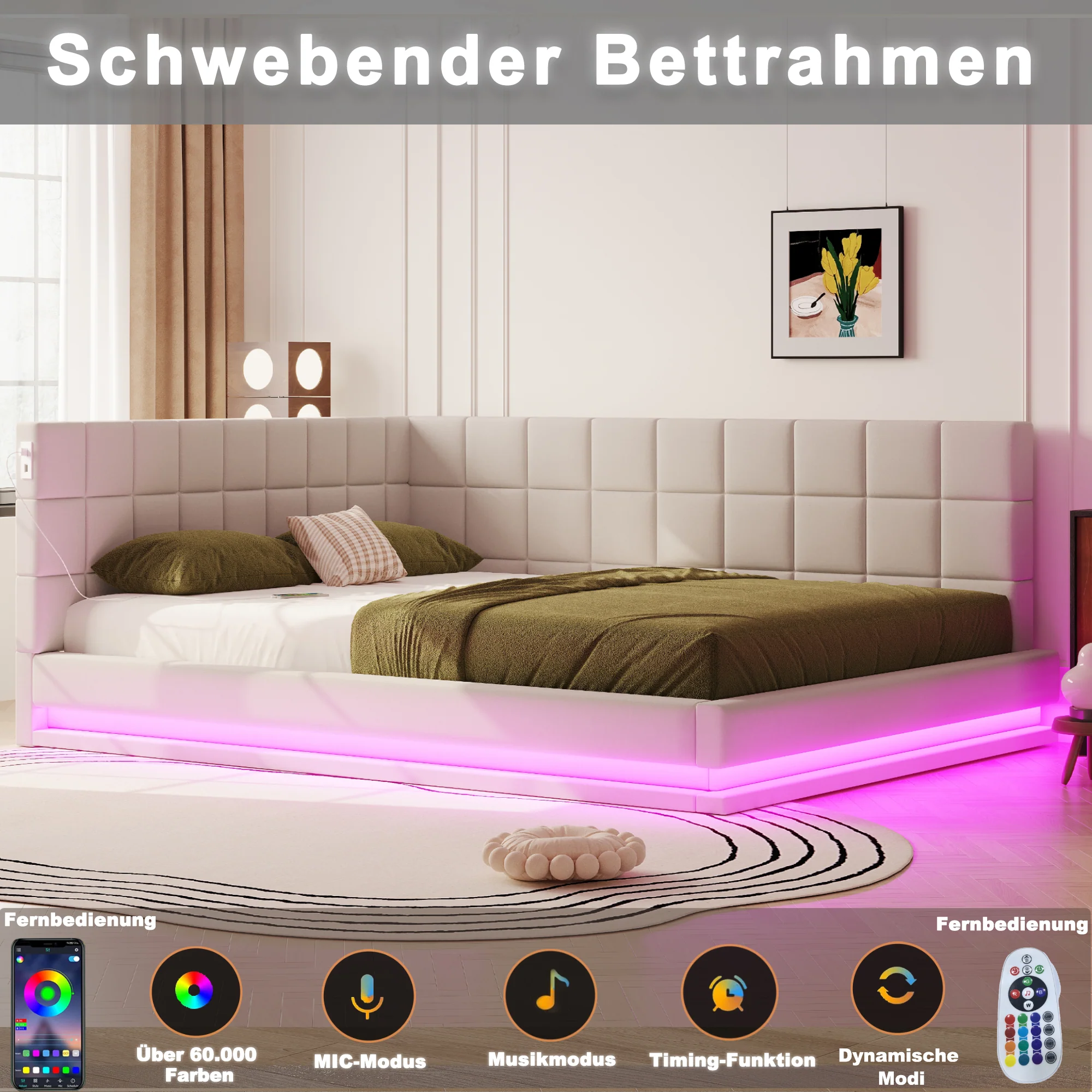 Upholstered Sofa Bed 160x200cm Multifunctional LED USB Slatted Frame - Velvet Beige - Image 5
