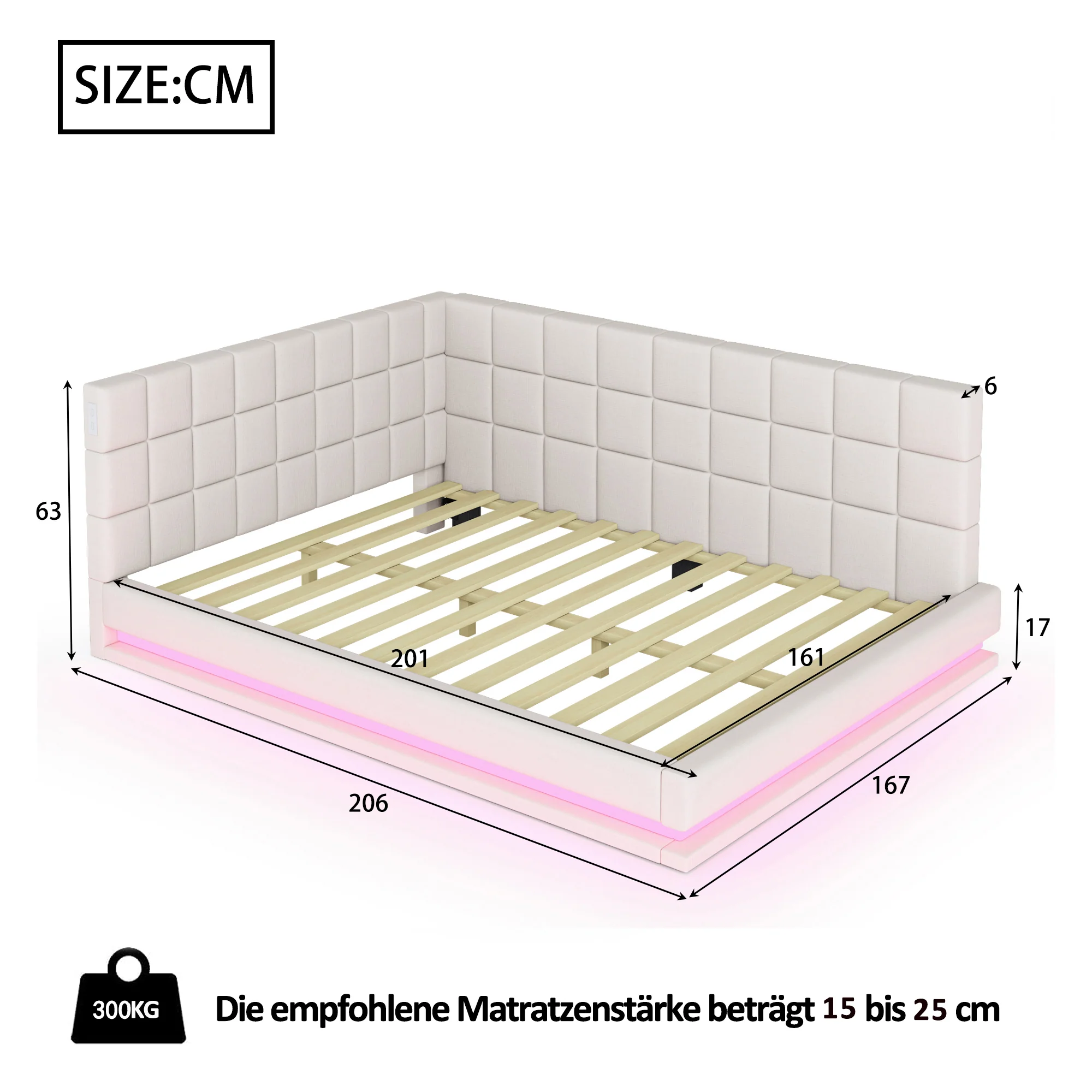 Upholstered Sofa Bed 160x200cm Multifunctional LED USB Slatted Frame - Velvet Beige - Image 6