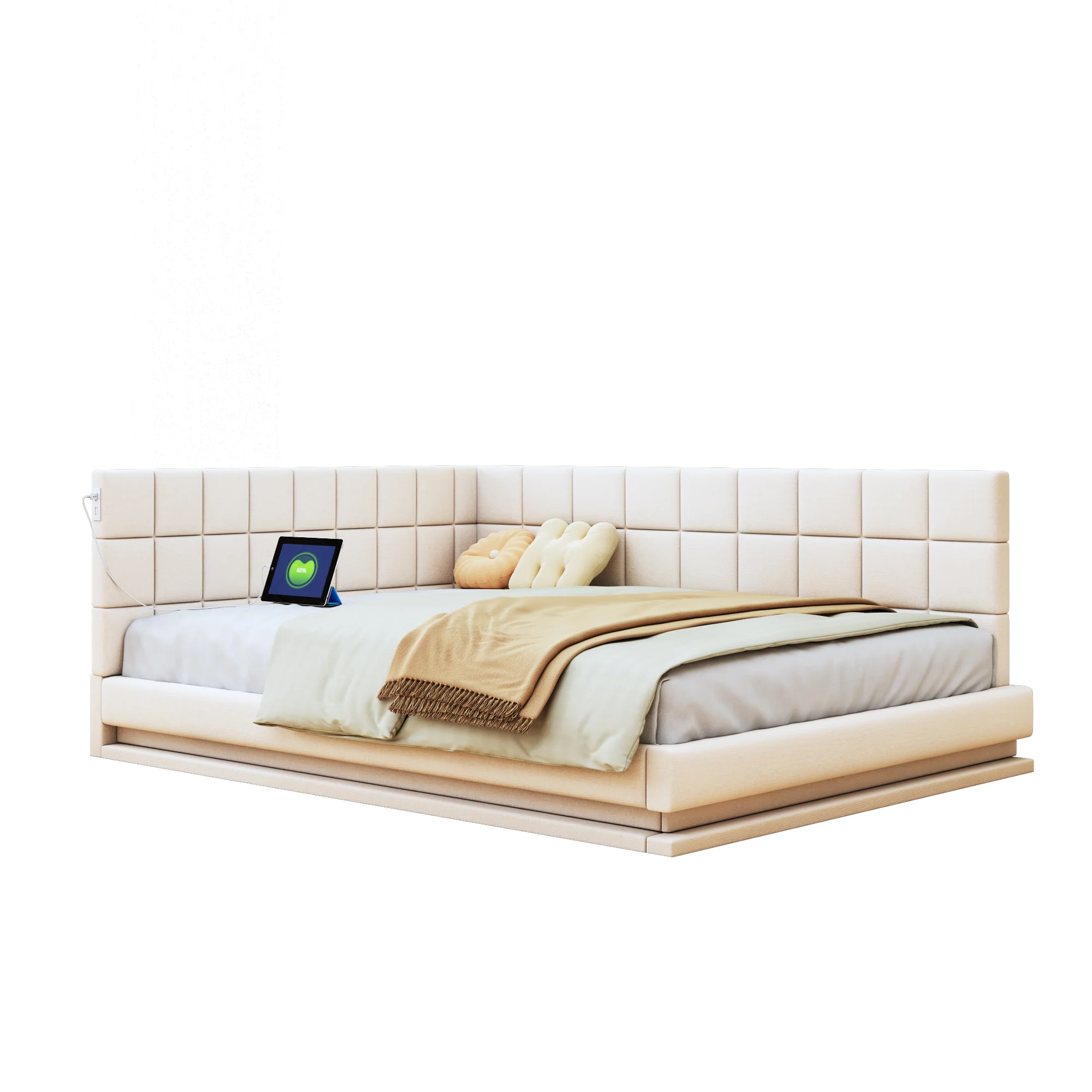 Upholstered Sofa Bed 160x200cm Multifunctional LED USB Slatted Frame - Velvet Beige - Image 7