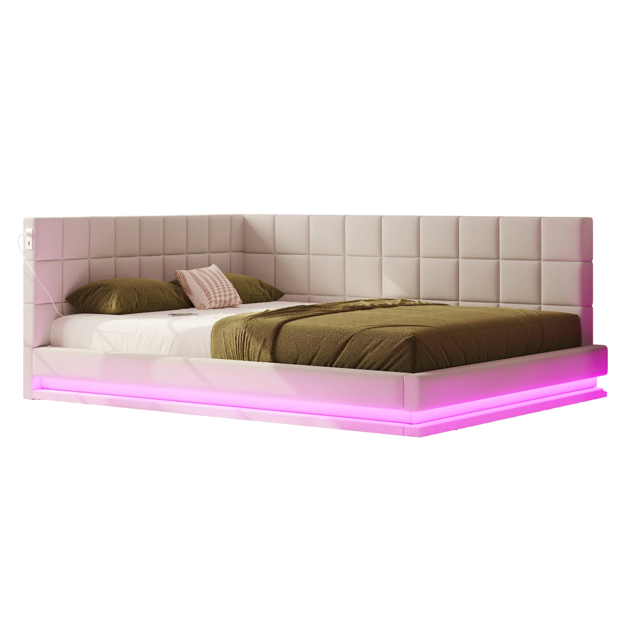 Upholstered Sofa Bed 160x200cm Multifunctional LED USB Slatted Frame - Velvet Beige - Image 8