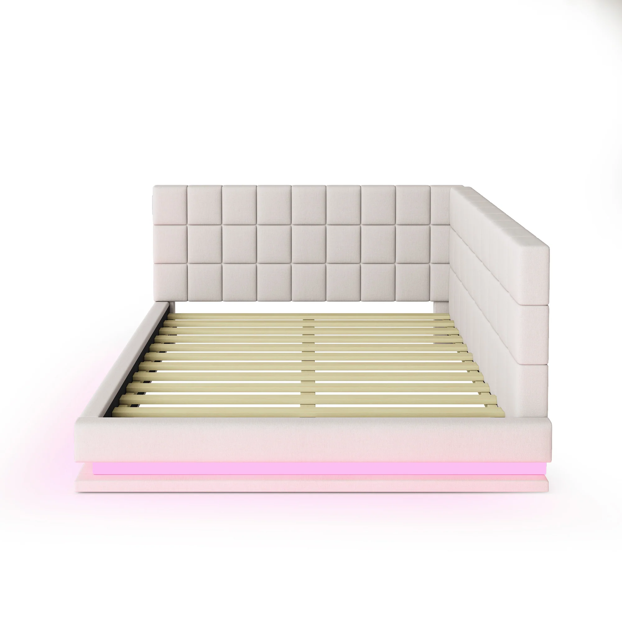 Upholstered Sofa Bed 160x200cm Multifunctional LED USB Slatted Frame - Velvet Beige - Image 9