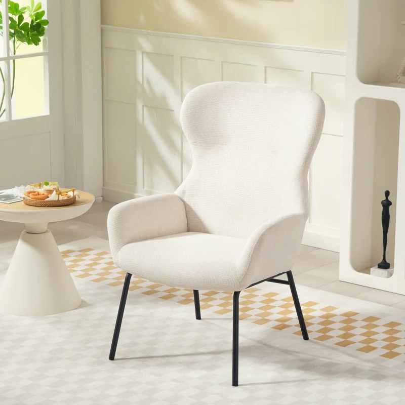 Upholstered Wingback Chair High Back Thick Padding Steel Legs Cream White - Image 2