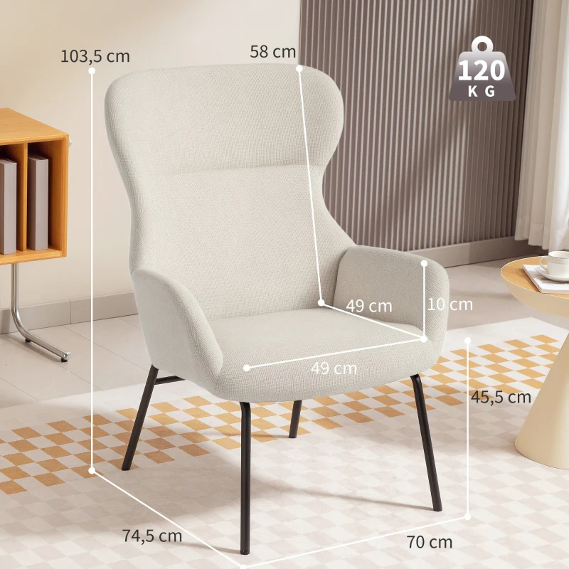 Upholstered Wingback Chair High Back Thick Padding Steel Legs Cream White - Image 3