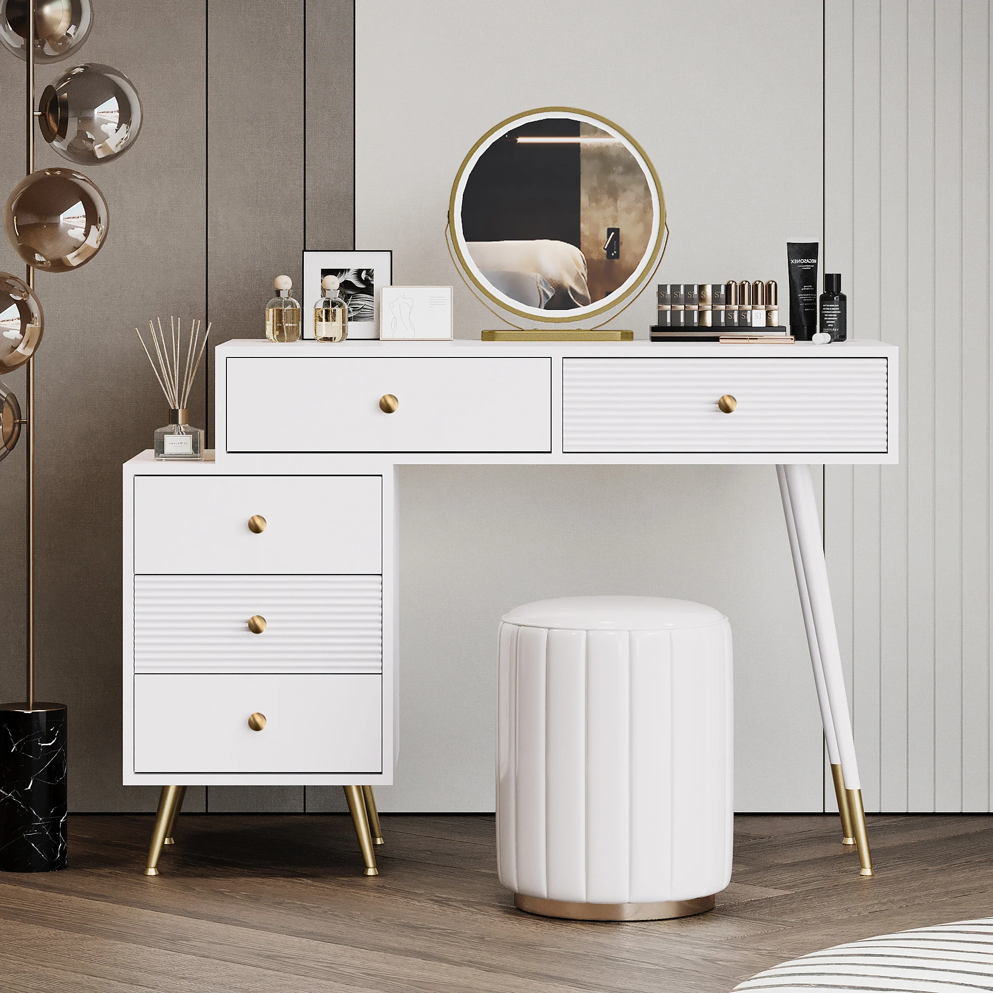 Vanity Table Set LED Mirror Adjustable Side Cabinet Pull-out Design - Image 2