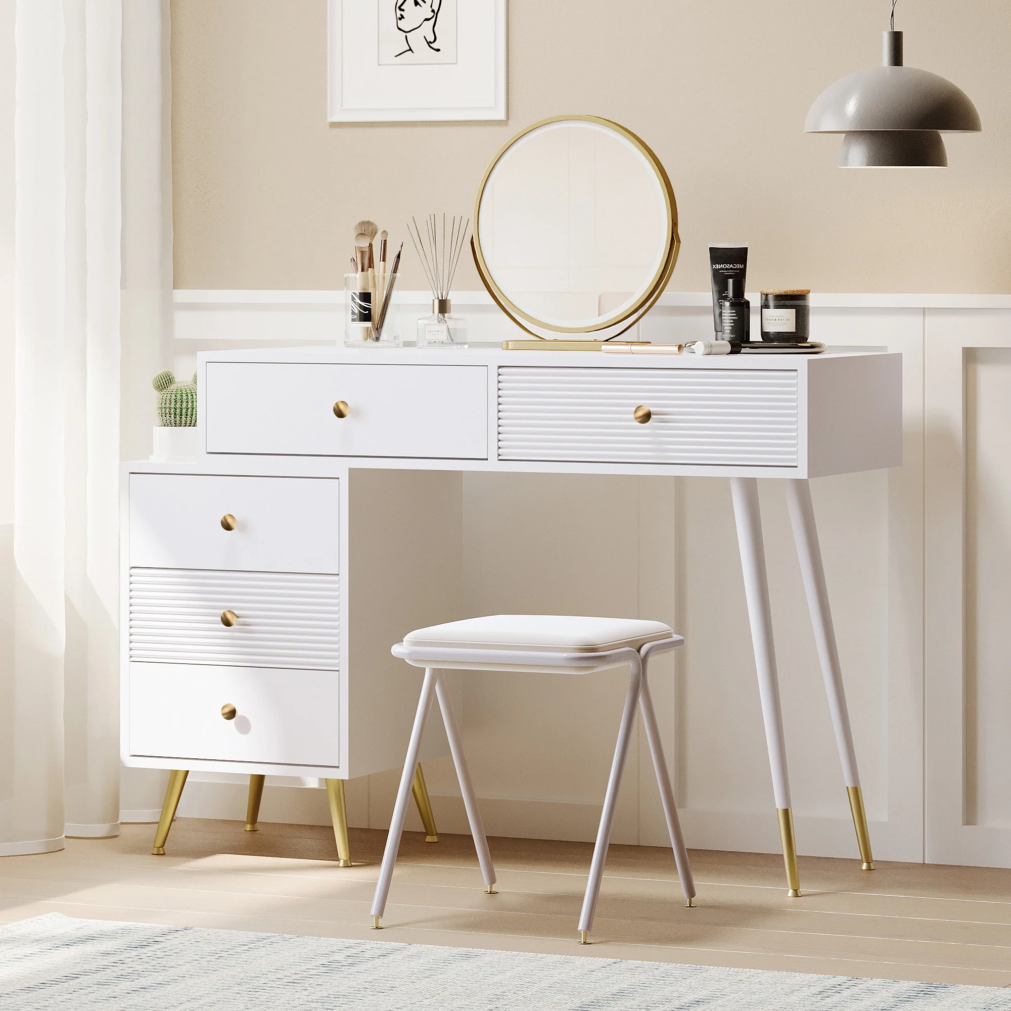 Vanity Table Set LED Mirror Adjustable Side Cabinet Pull-out Design - Image 3