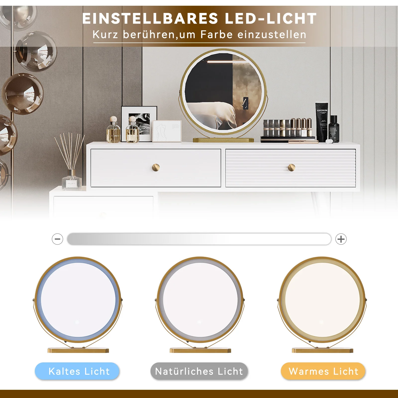 Vanity Table Set LED Mirror Adjustable Side Cabinet Pull-out Design - Image 6