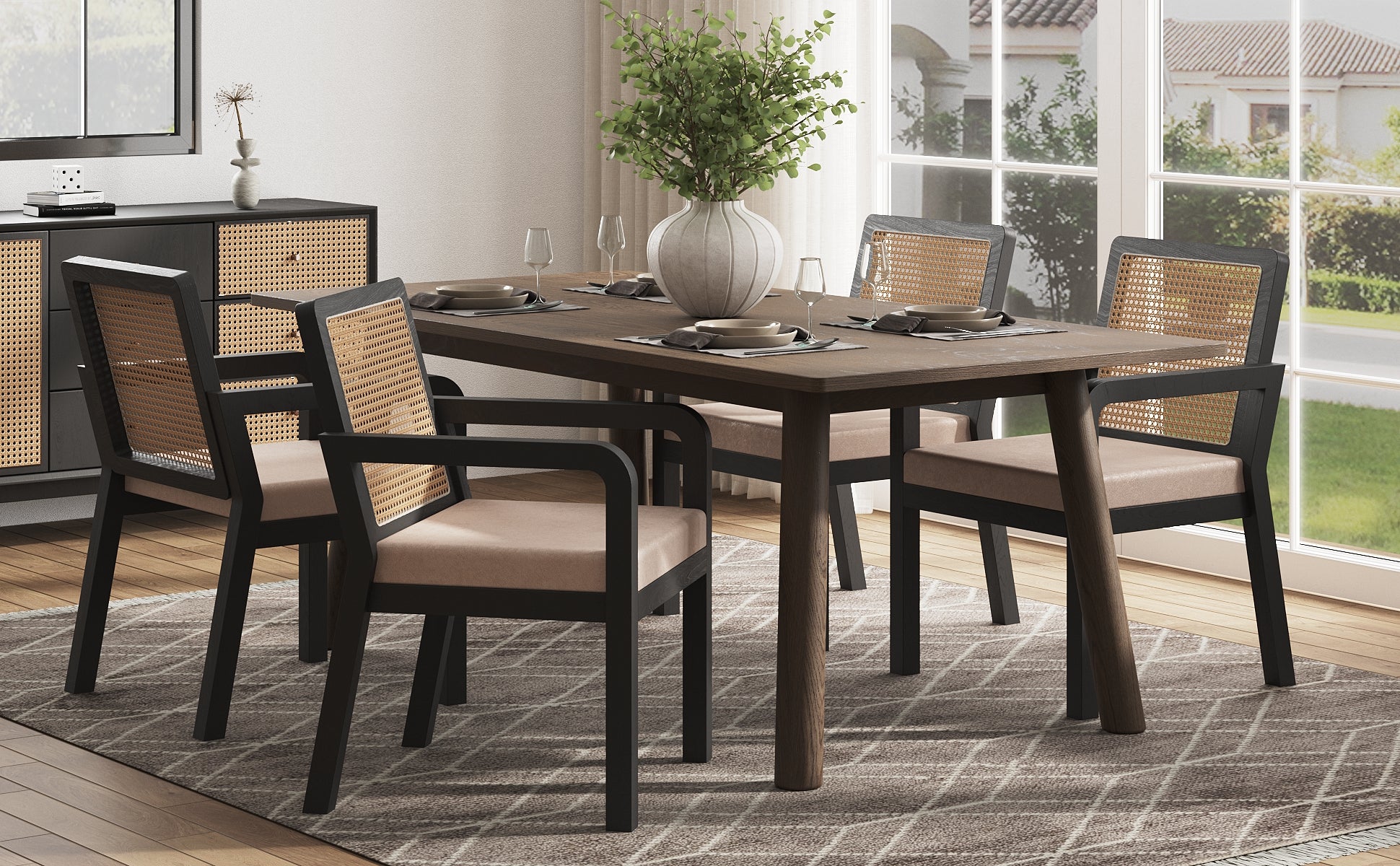Velour Dining Chair Set of 4 Rattan Back Rubberwood Legs - Image 2