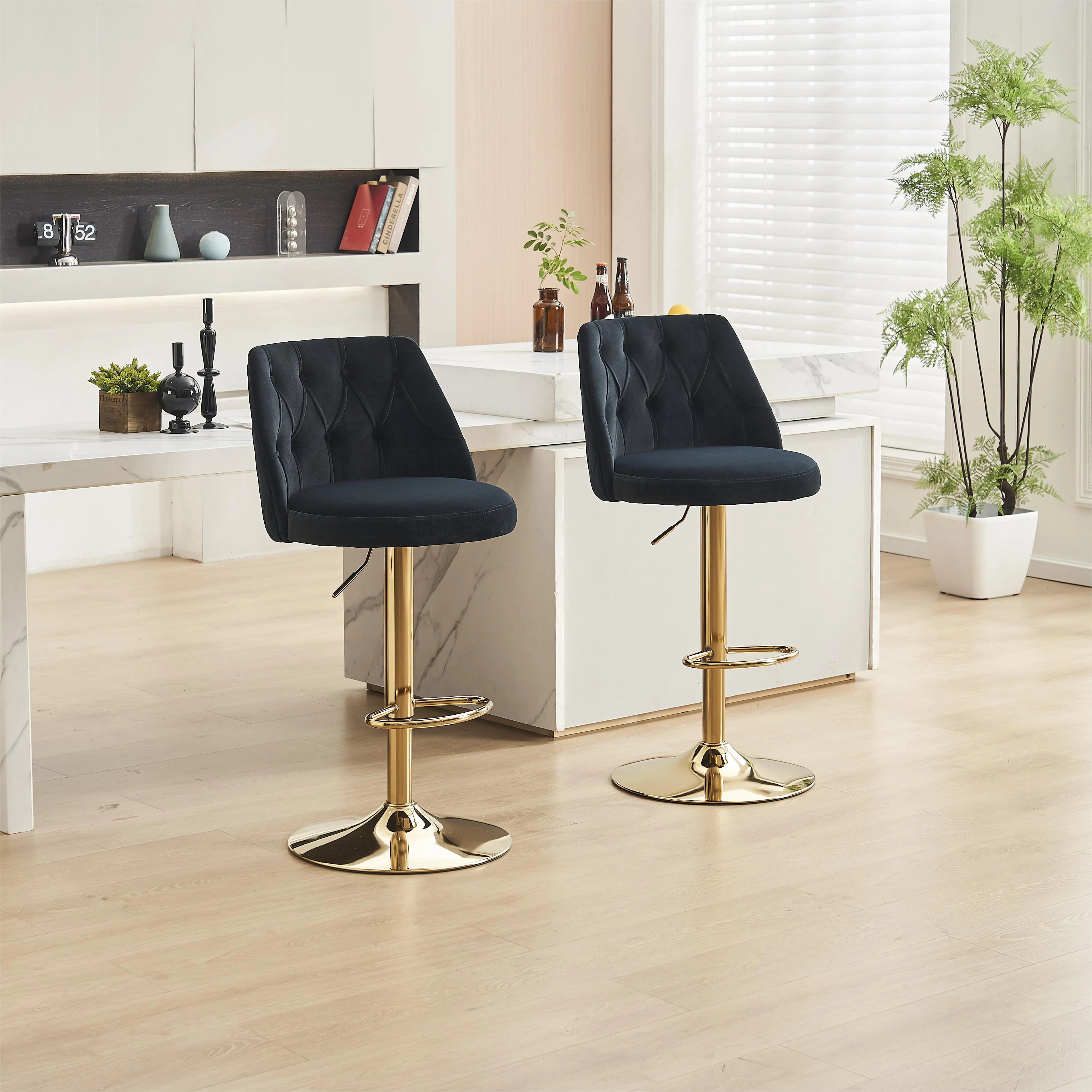Velvet Bar Stool Adjustable Height Swivel Tufted Backrest Footrest Set of 2 - Black