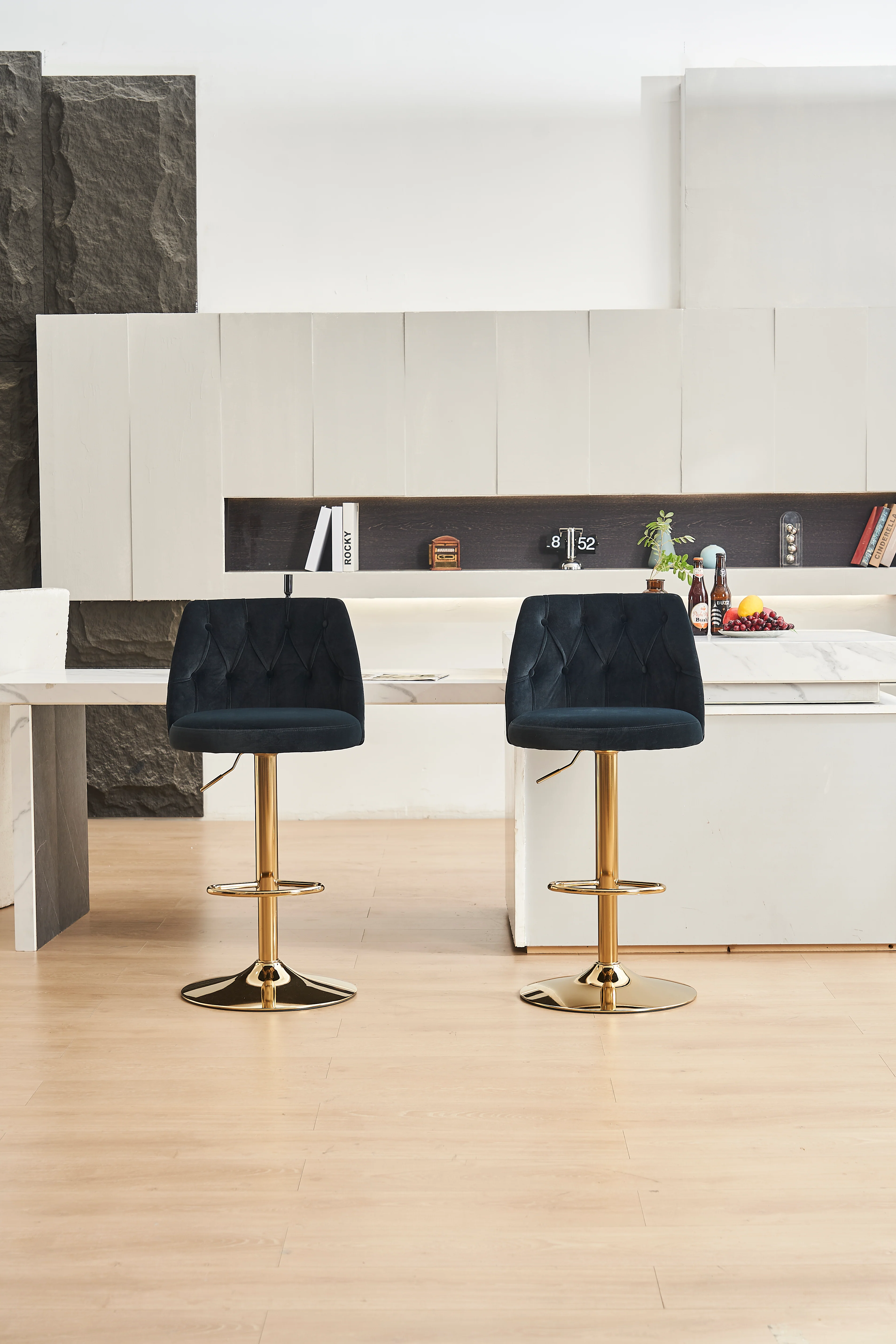 Velvet Bar Stool Adjustable Height Swivel Tufted Backrest Footrest Set of 2 - Black - Image 10