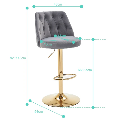 Velvet Bar Stool Adjustable Height Swivel Tufted Backrest Footrest Set of 2 - Black - Image 2
