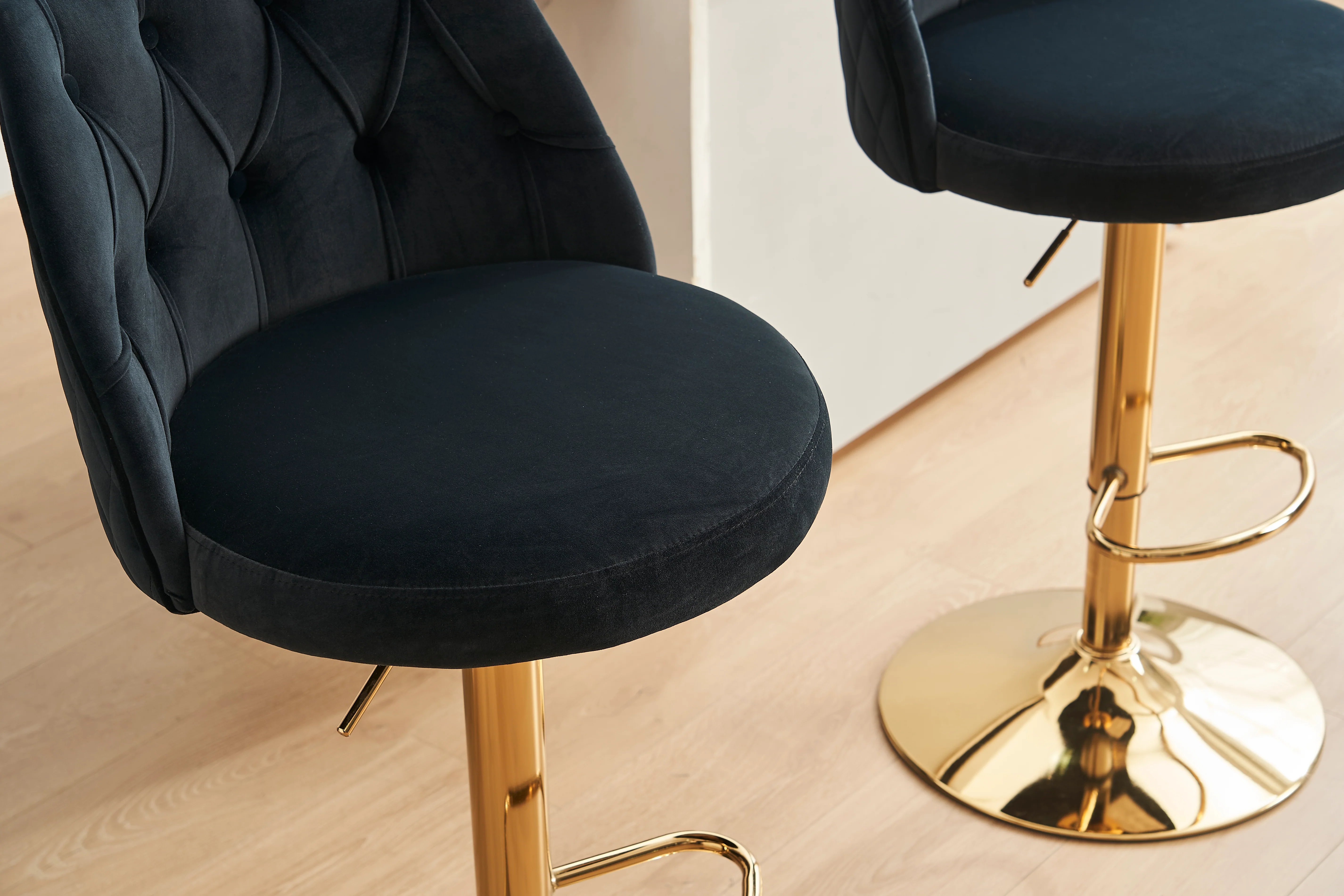 Velvet Bar Stool Adjustable Height Swivel Tufted Backrest Footrest Set of 2 - Black - Image 3
