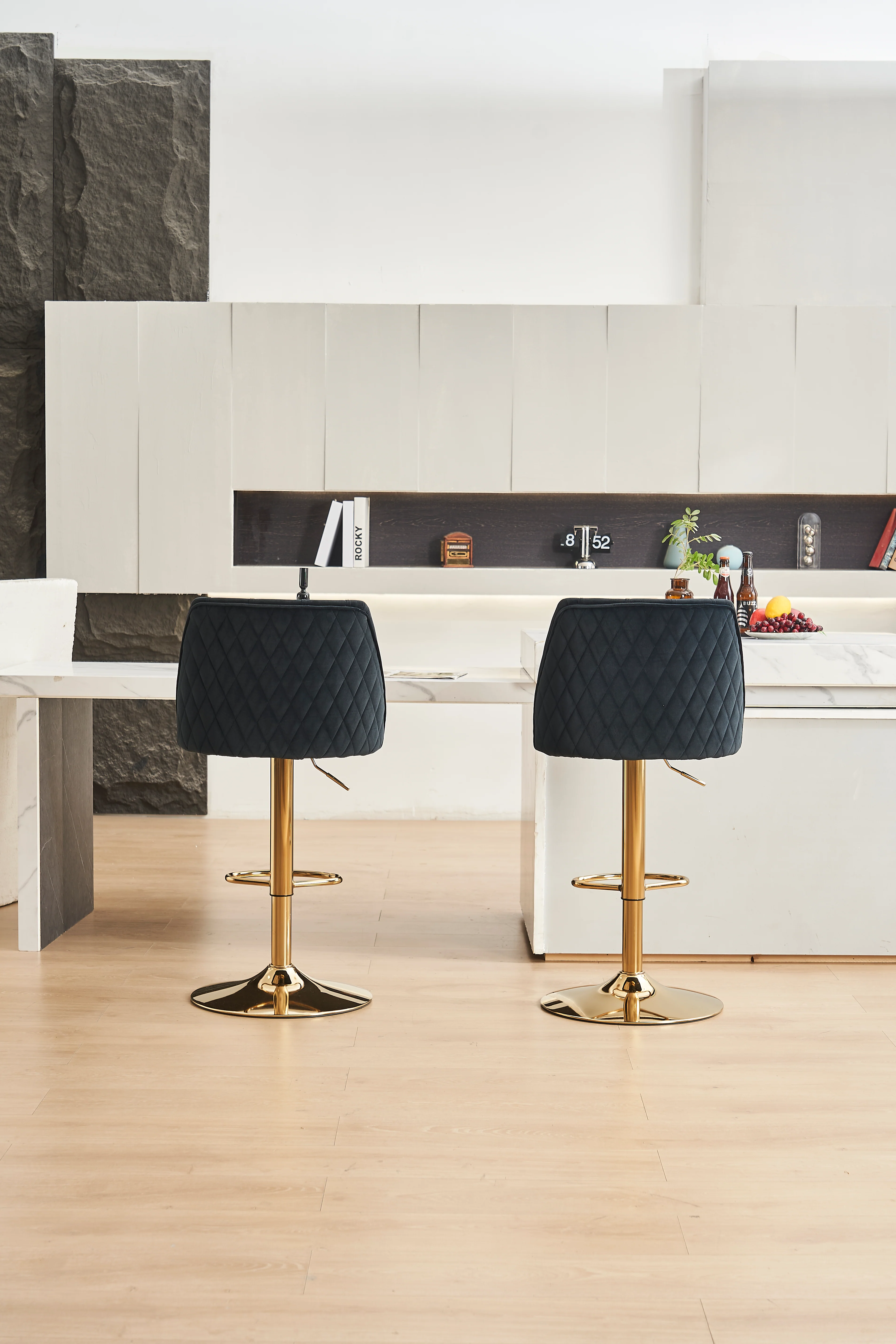 Velvet Bar Stool Adjustable Height Swivel Tufted Backrest Footrest Set of 2 - Black - Image 6