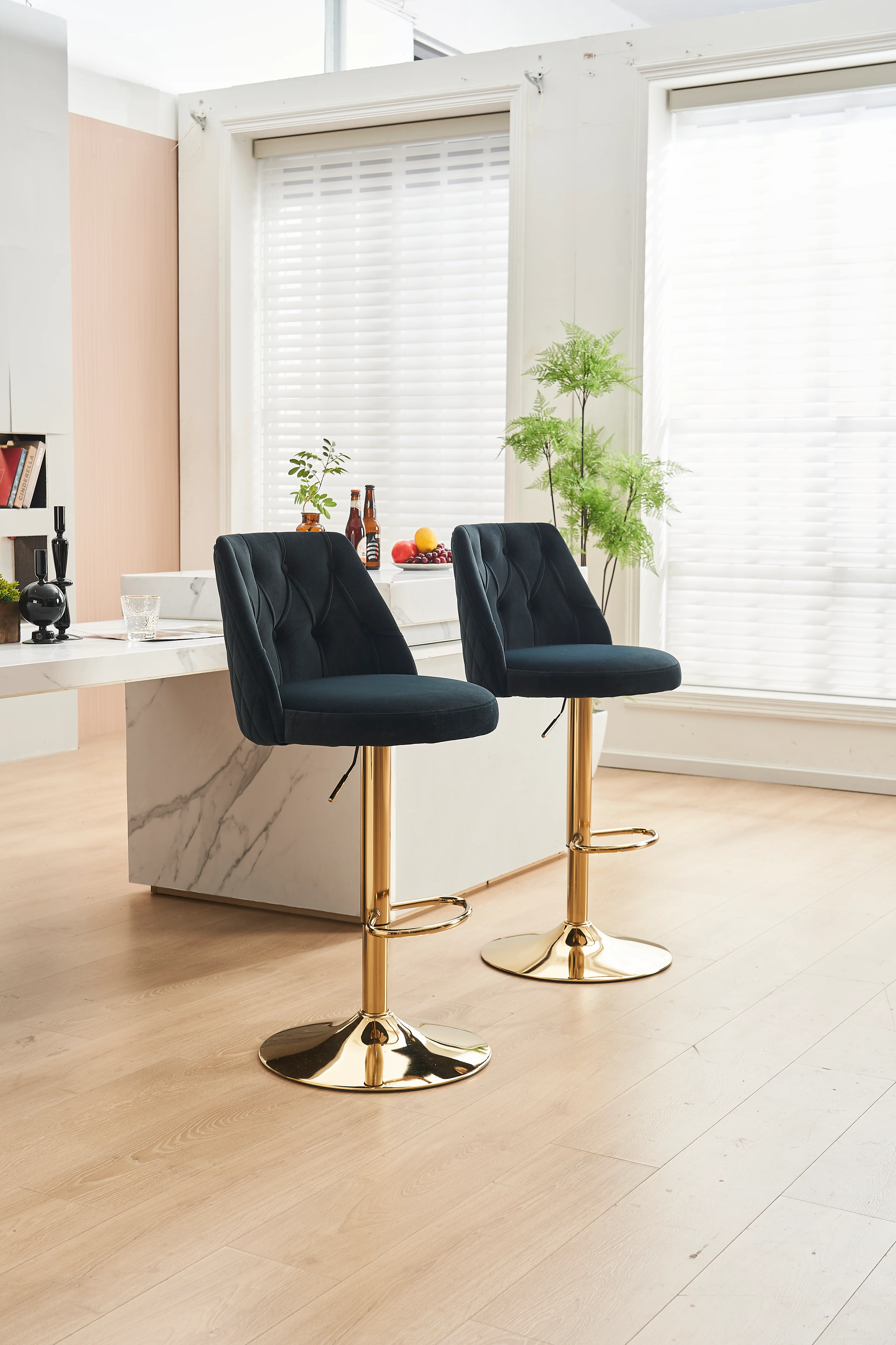 Velvet Bar Stool Adjustable Height Swivel Tufted Backrest Footrest Set of 2 - Black - Image 8