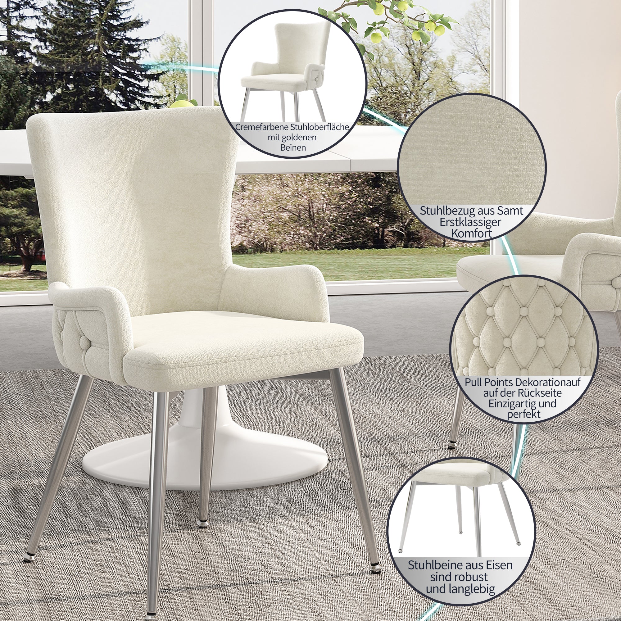 Velvet Chair Set of 2 Silver Metal Legs - Beige - Image 4