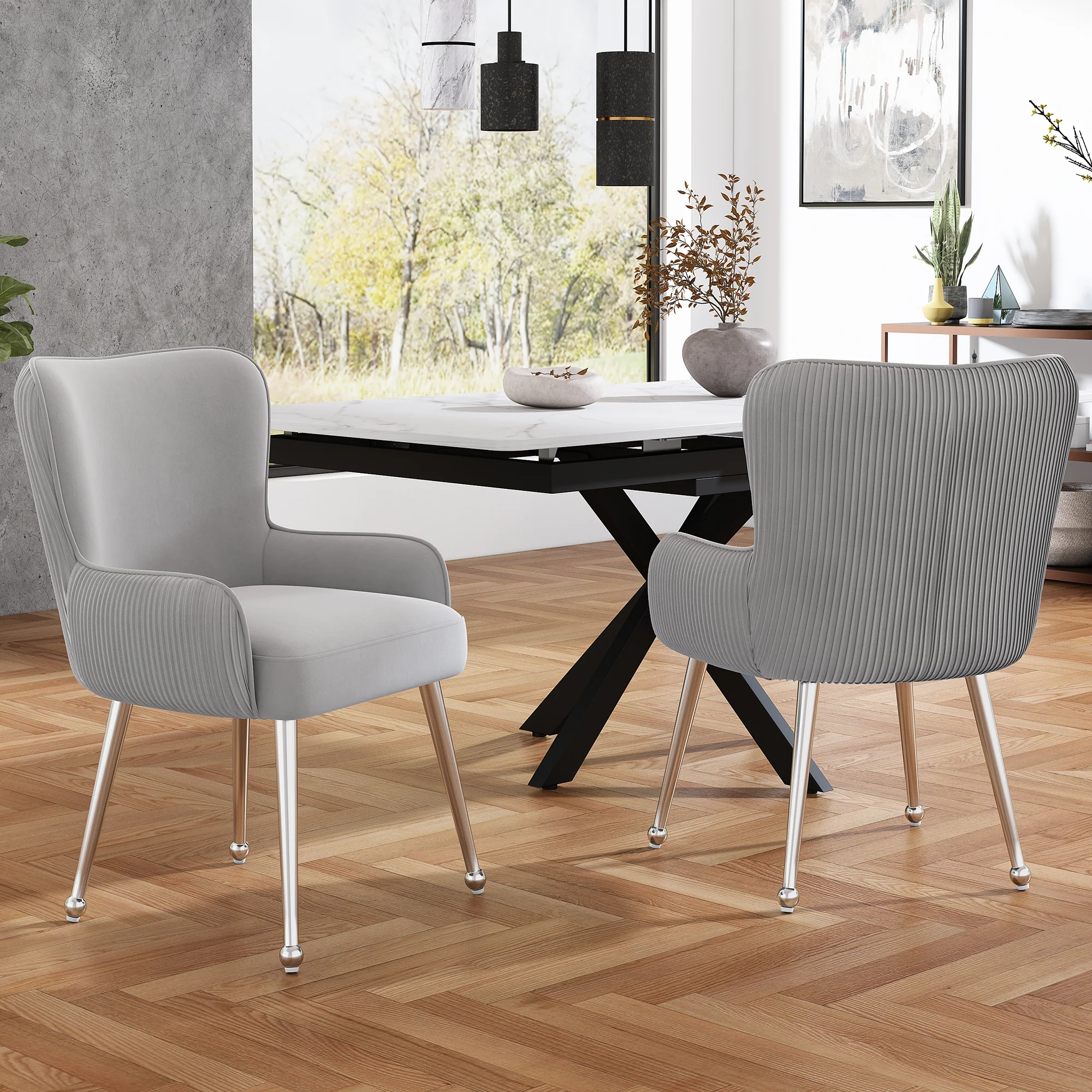 Velvet Dining Chair 2-Piece Set Armrests Adjustable Feet Lumbar Support - Grey