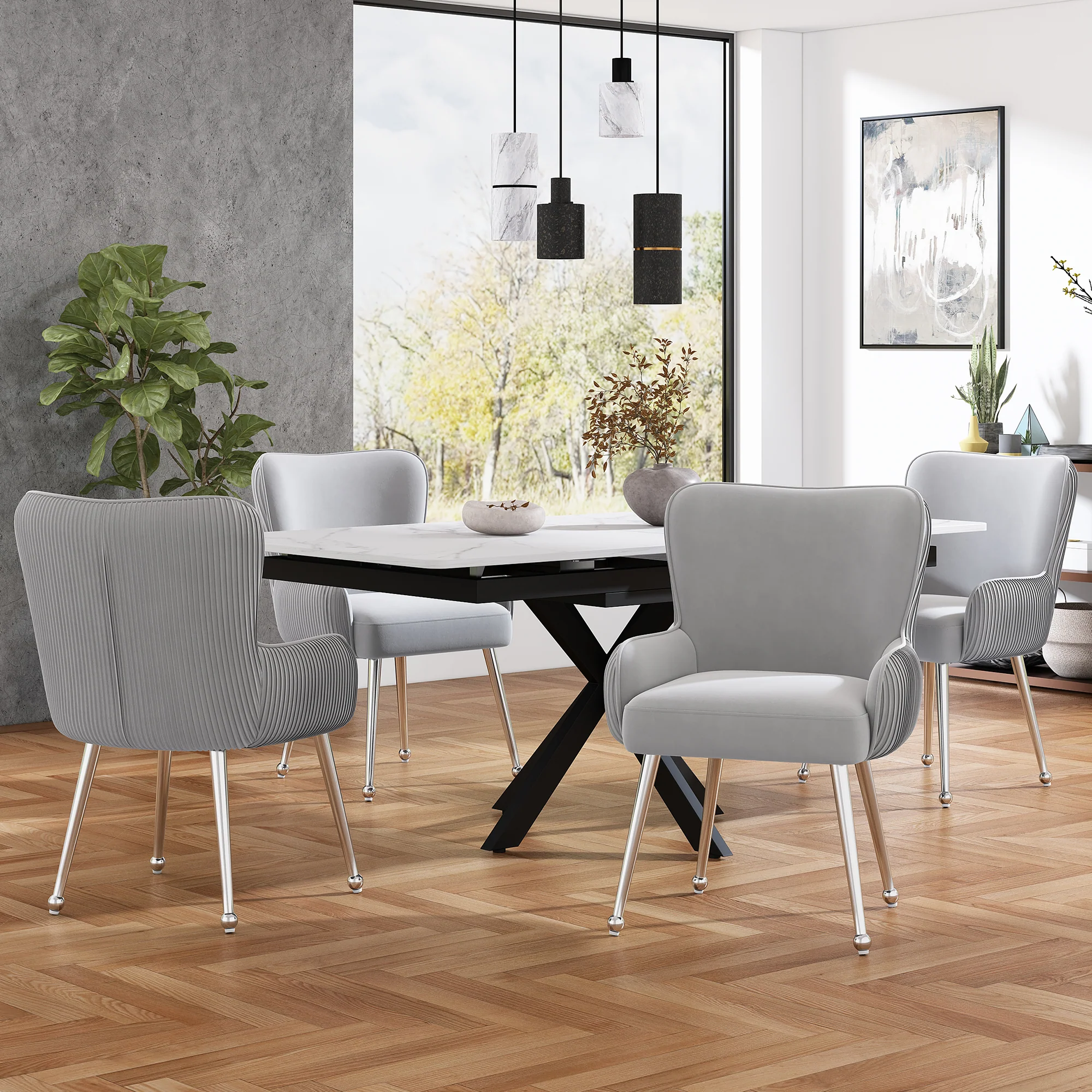 Velvet Dining Chair 2-Piece Set Armrests Adjustable Feet Lumbar Support - Grey - Image 2