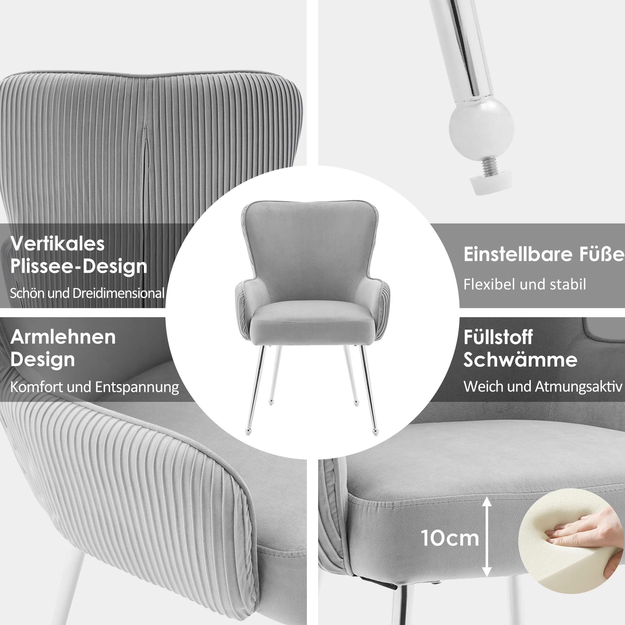 Velvet Dining Chair 2-Piece Set Armrests Adjustable Feet Lumbar Support - Grey - Image 4