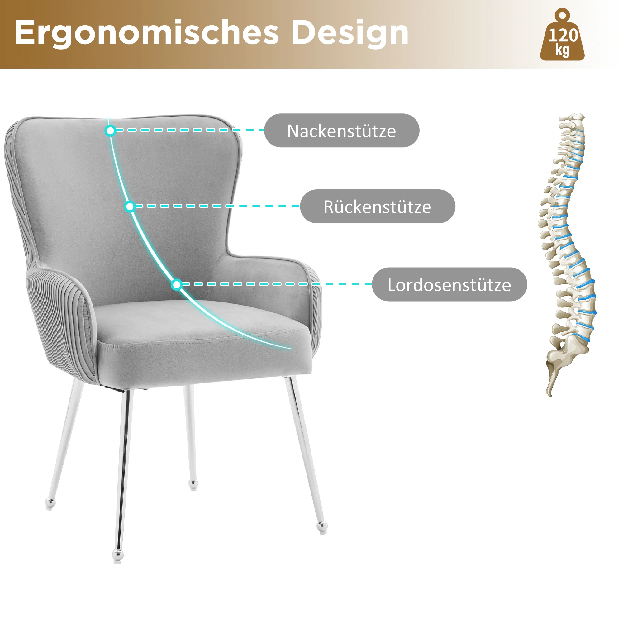 Velvet Dining Chair 2-Piece Set Armrests Adjustable Feet Lumbar Support - Grey - Image 5