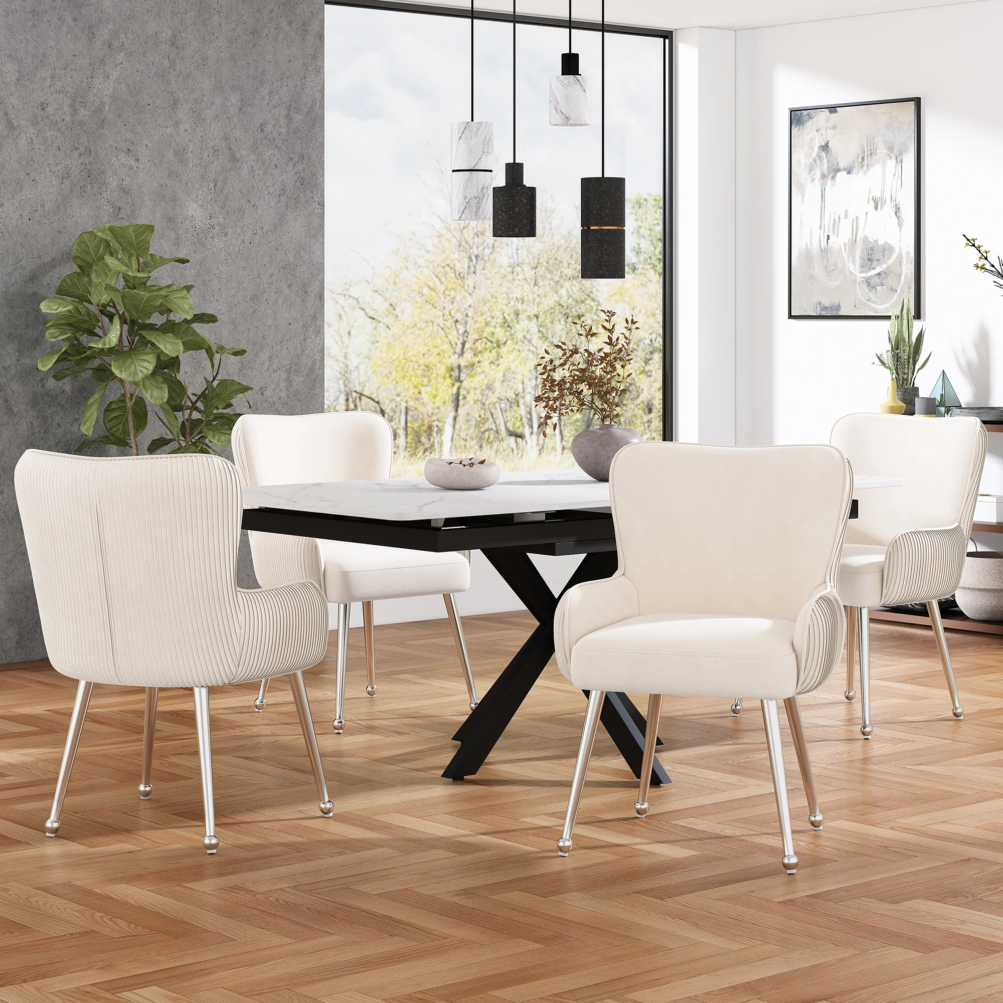 Velvet Dining Chair Set of 2 Armrests Lumbar Support Adjustable Silver Legs - Beige - Image 2