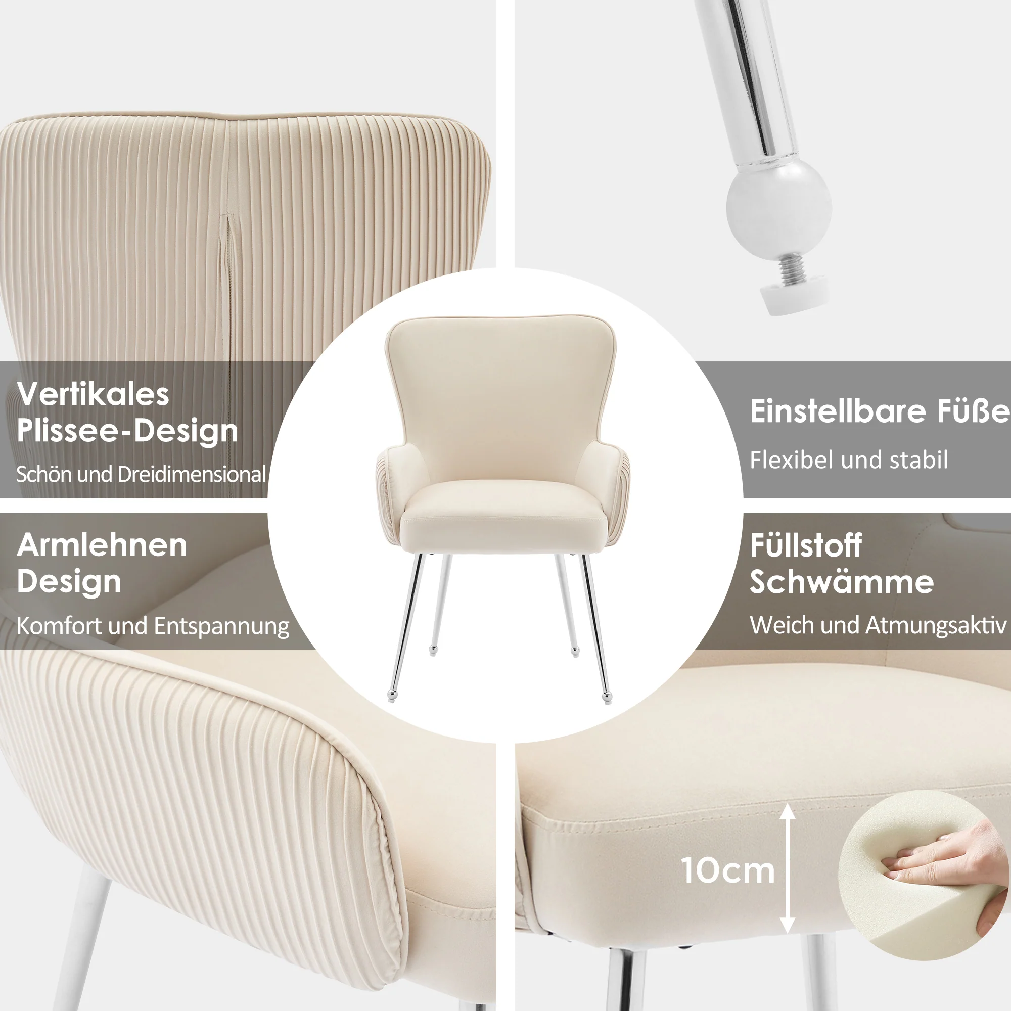 Velvet Dining Chair Set of 2 Armrests Lumbar Support Adjustable Silver Legs - Beige - Image 4