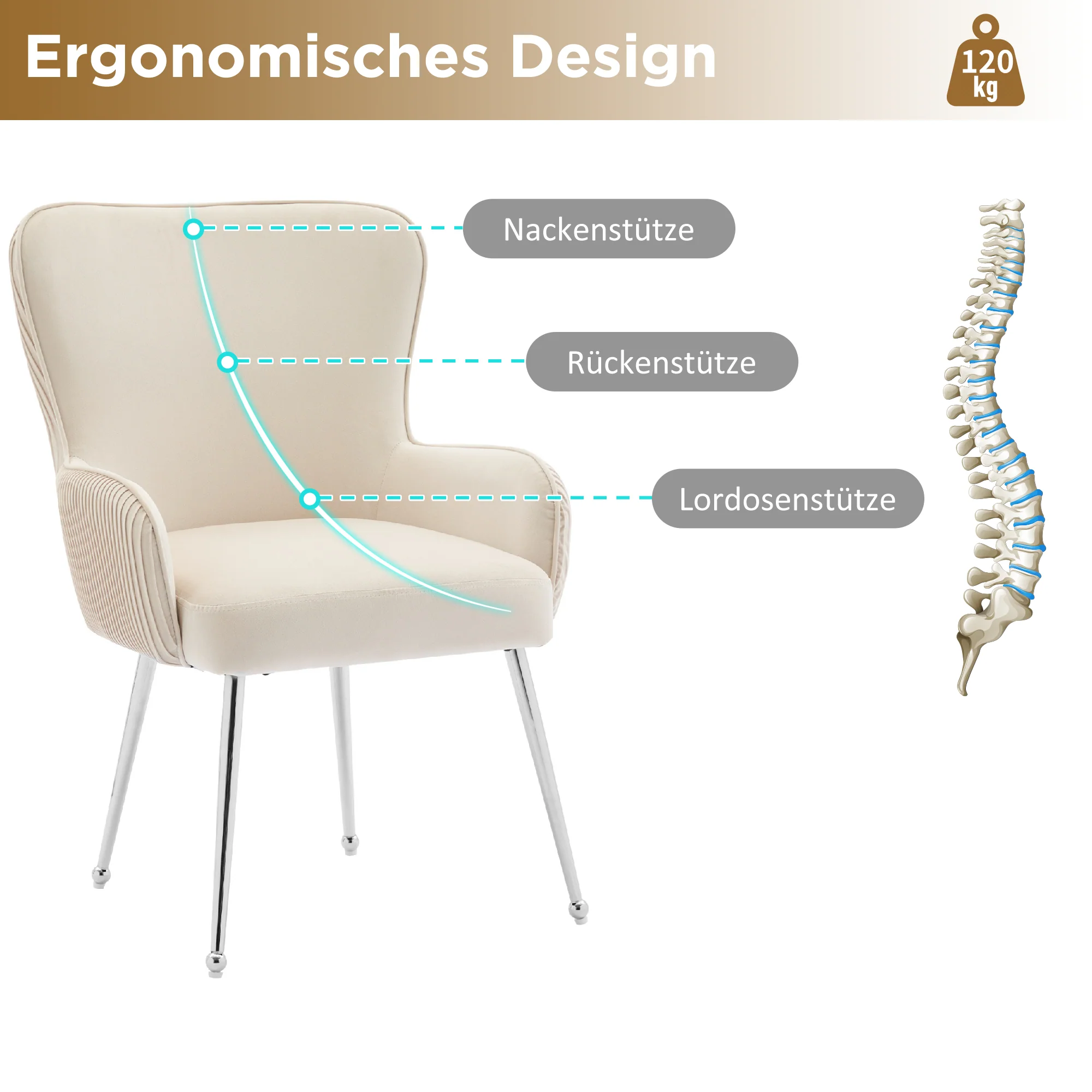 Velvet Dining Chair Set of 2 Armrests Lumbar Support Adjustable Silver Legs - Beige - Image 5