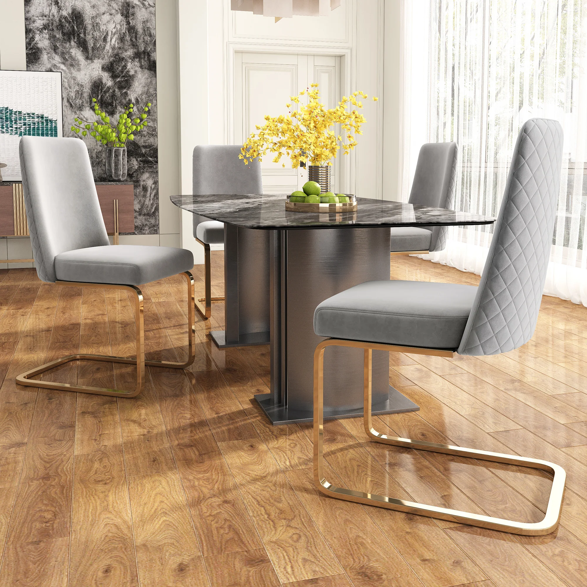 Velvet Dining Chair Set of 2 Diamond Back Gold Metal Legs - Grey - Image 2