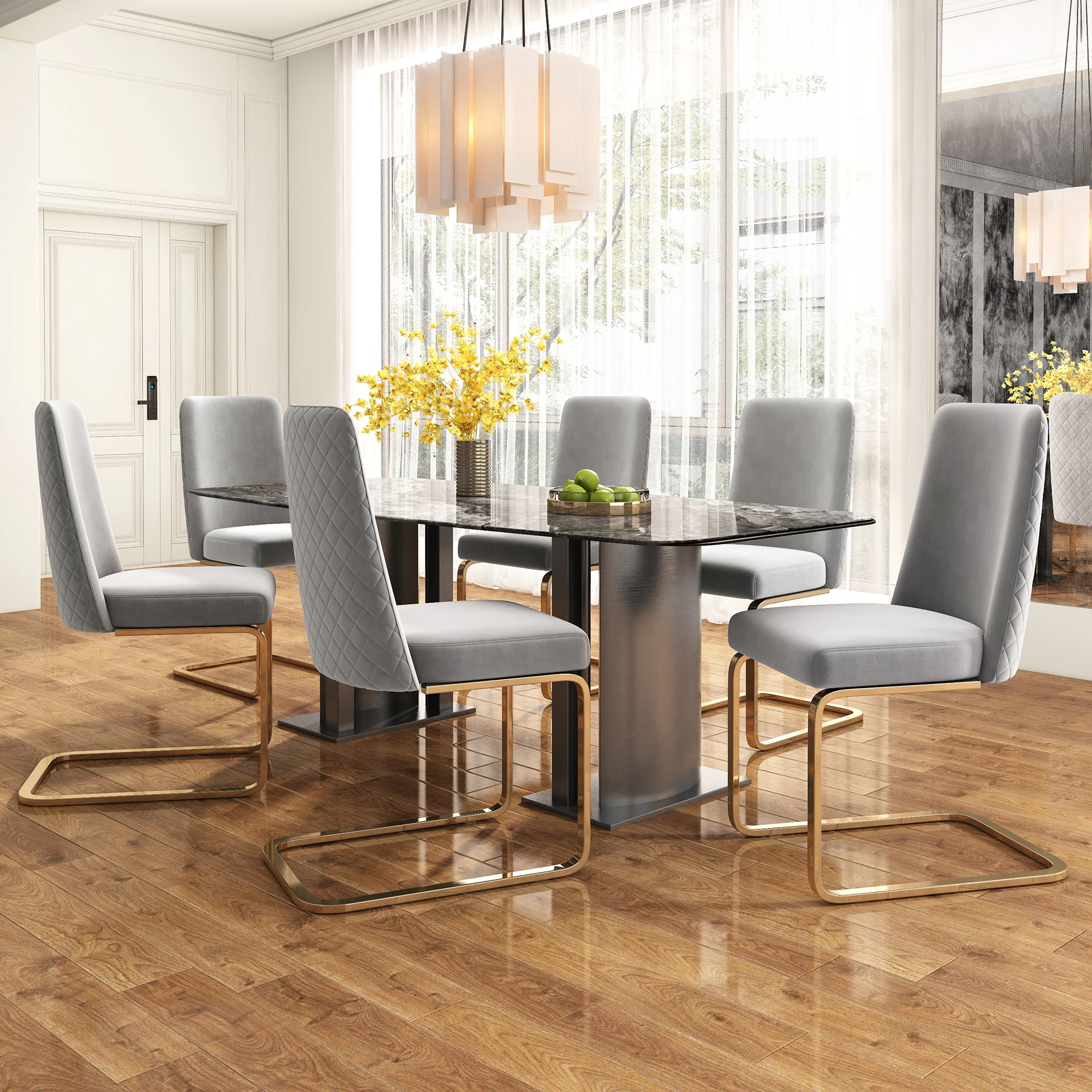 Velvet Dining Chair Set of 2 Diamond Back Gold Metal Legs - Grey - Image 3