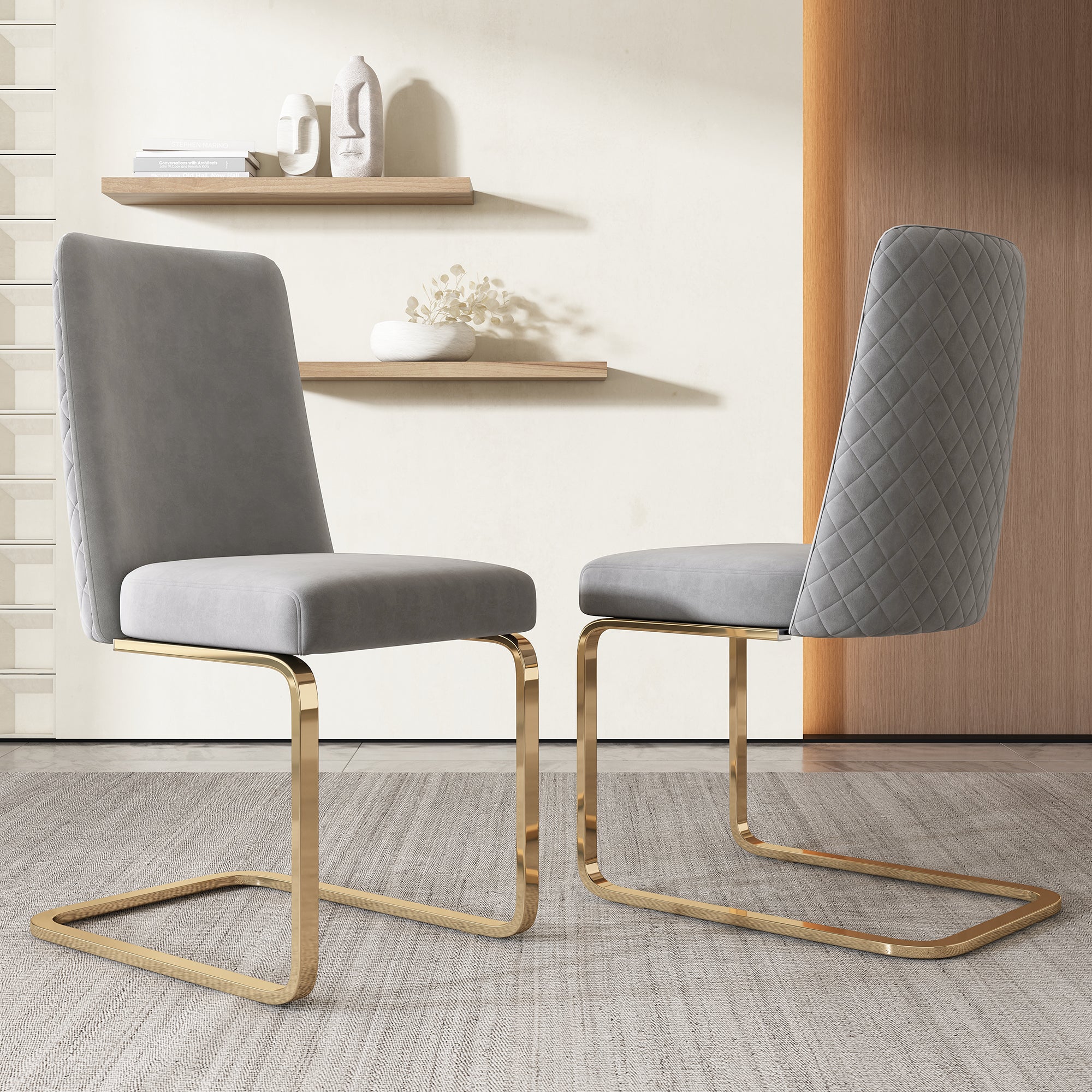 Velvet Dining Chair Set of 2 Diamond Back Gold Metal Legs - Grey - Image 4