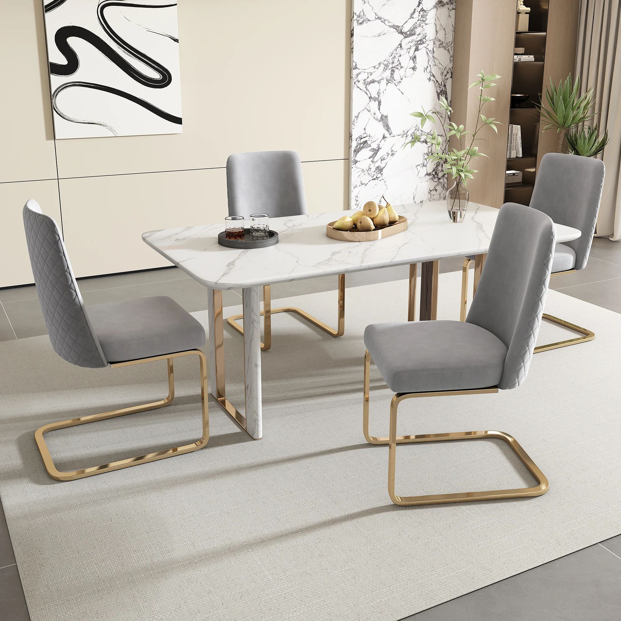 Velvet Dining Chair Set of 2 Diamond Back Gold Metal Legs - Grey - Image 5