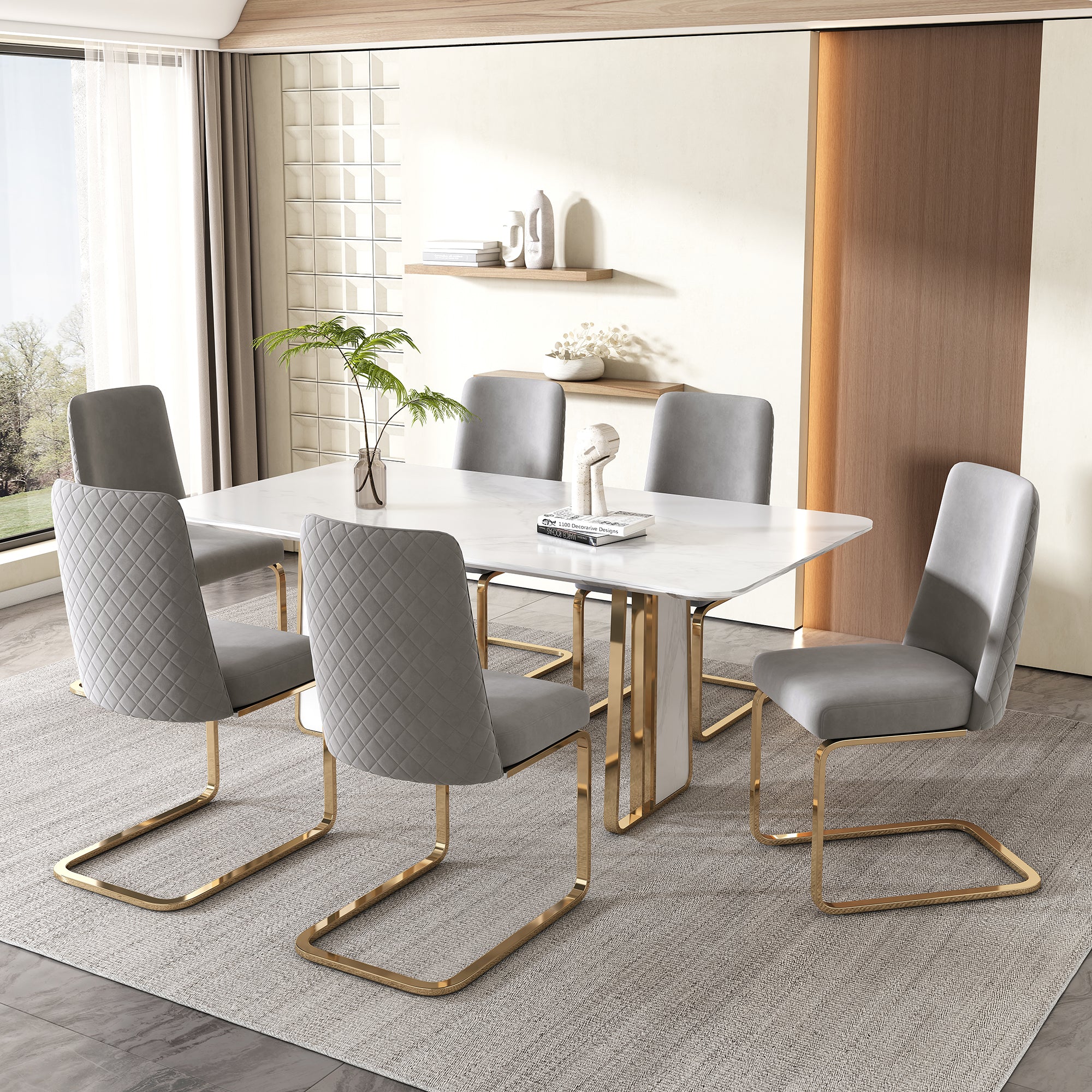 Velvet Dining Chair Set of 2 Diamond Back Gold Metal Legs - Grey - Image 6