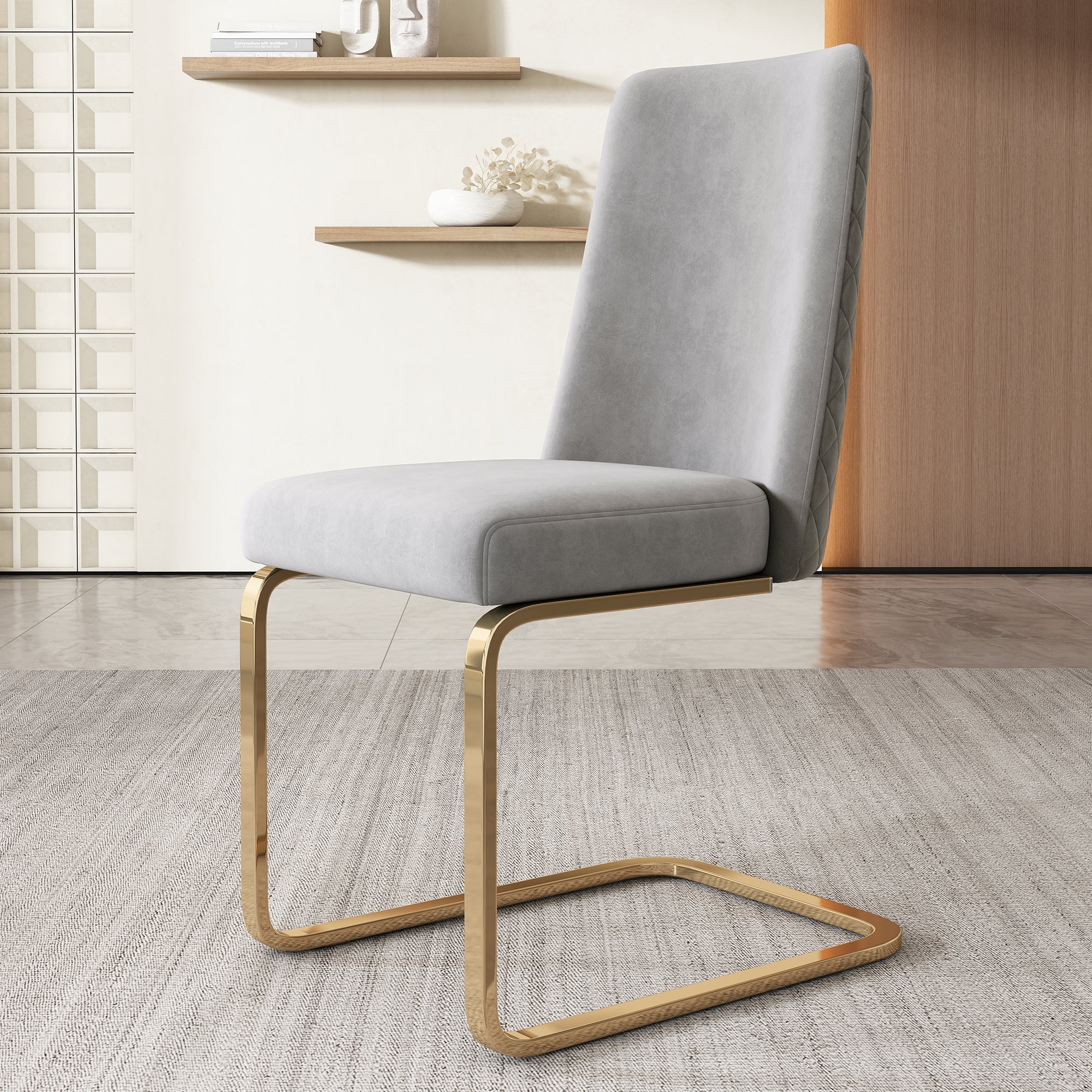 Velvet Dining Chair Set of 2 Diamond Back Gold Metal Legs - Grey - Image 7