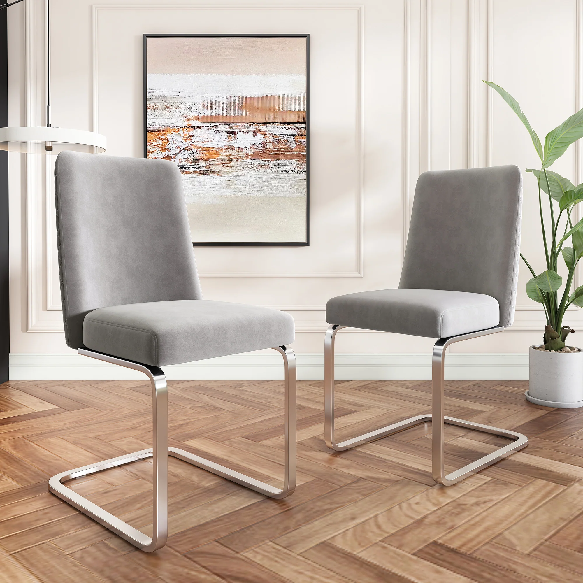 Velvet Dining Chair Set of 2 Diamond Back Silver Legs - Grey - Image 6
